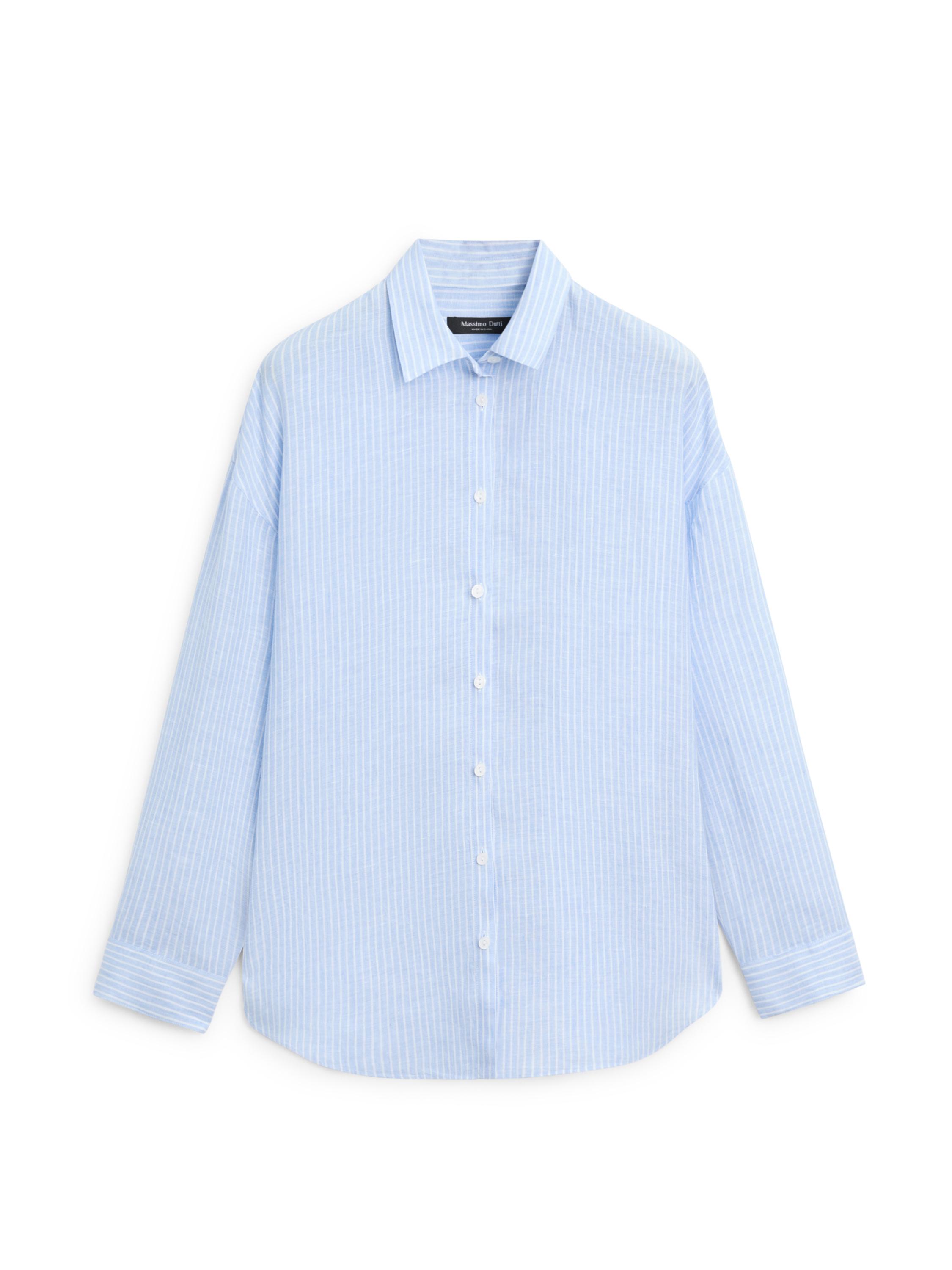 Dökümlü çizgili %100 keten gömlek