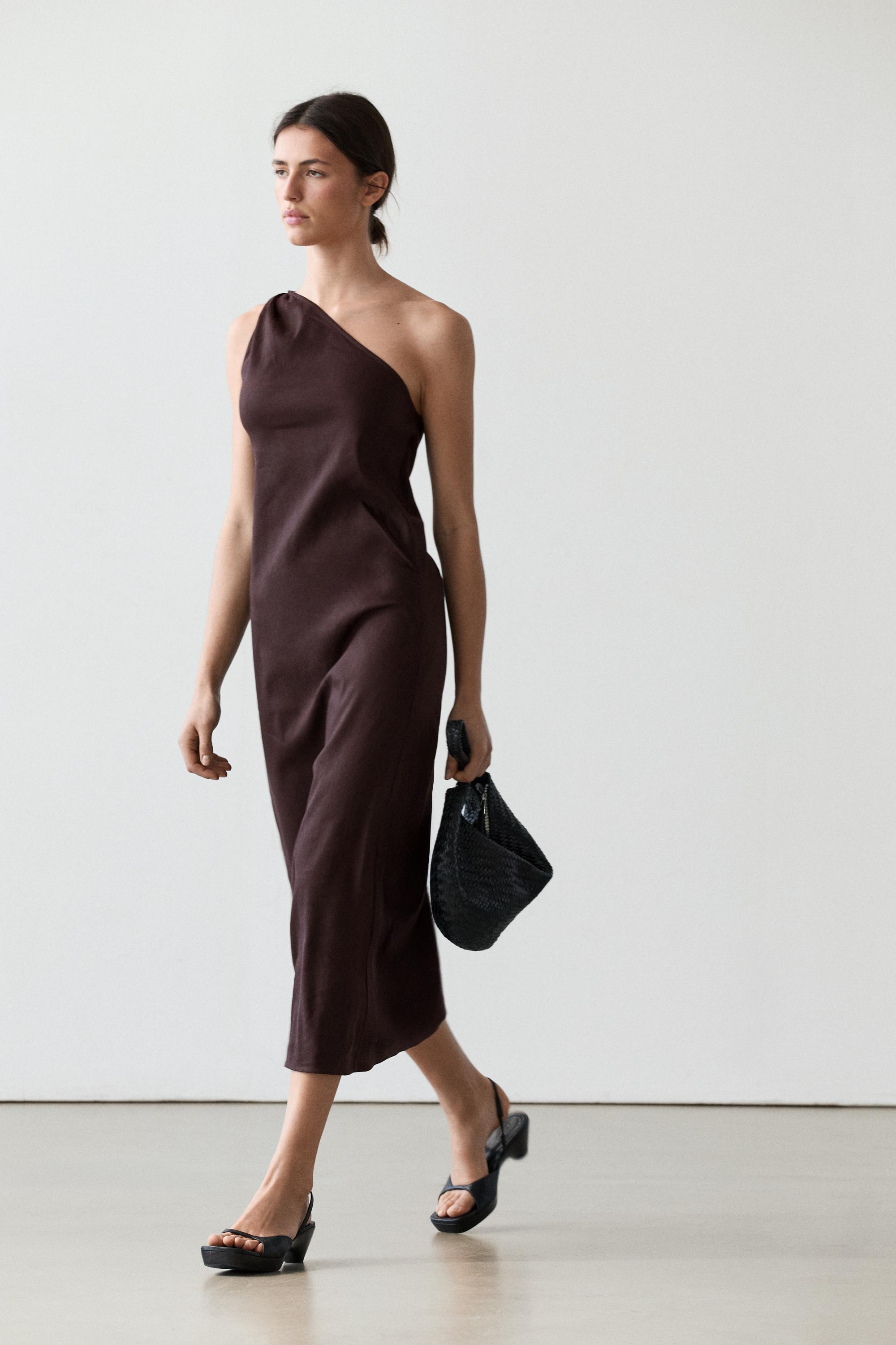 Asymmetric linen blend dress — BROWN
