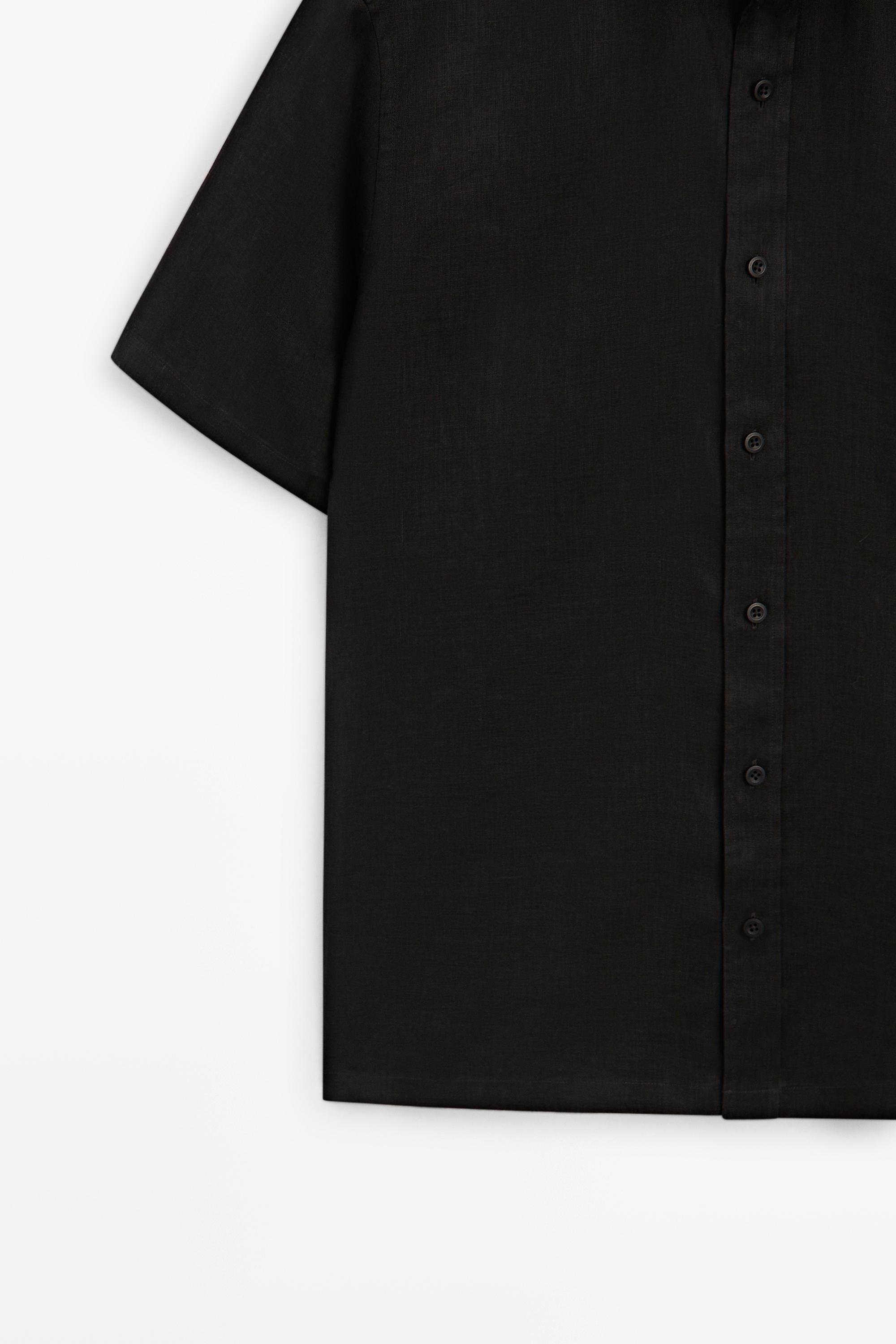 Regular fit 100% linen short sleeve shirt — BLACK