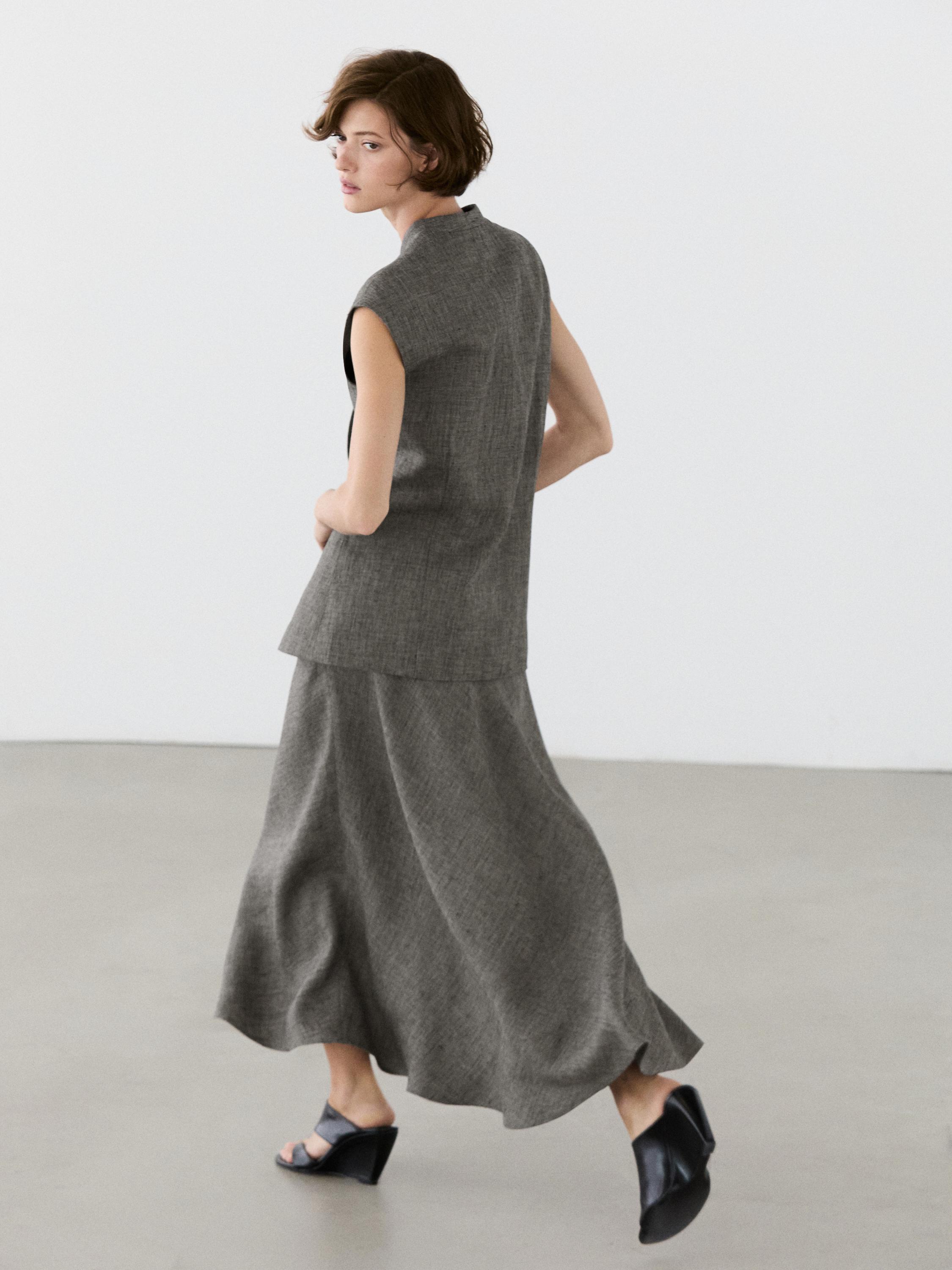 Linen flared midi skirt — BLACK