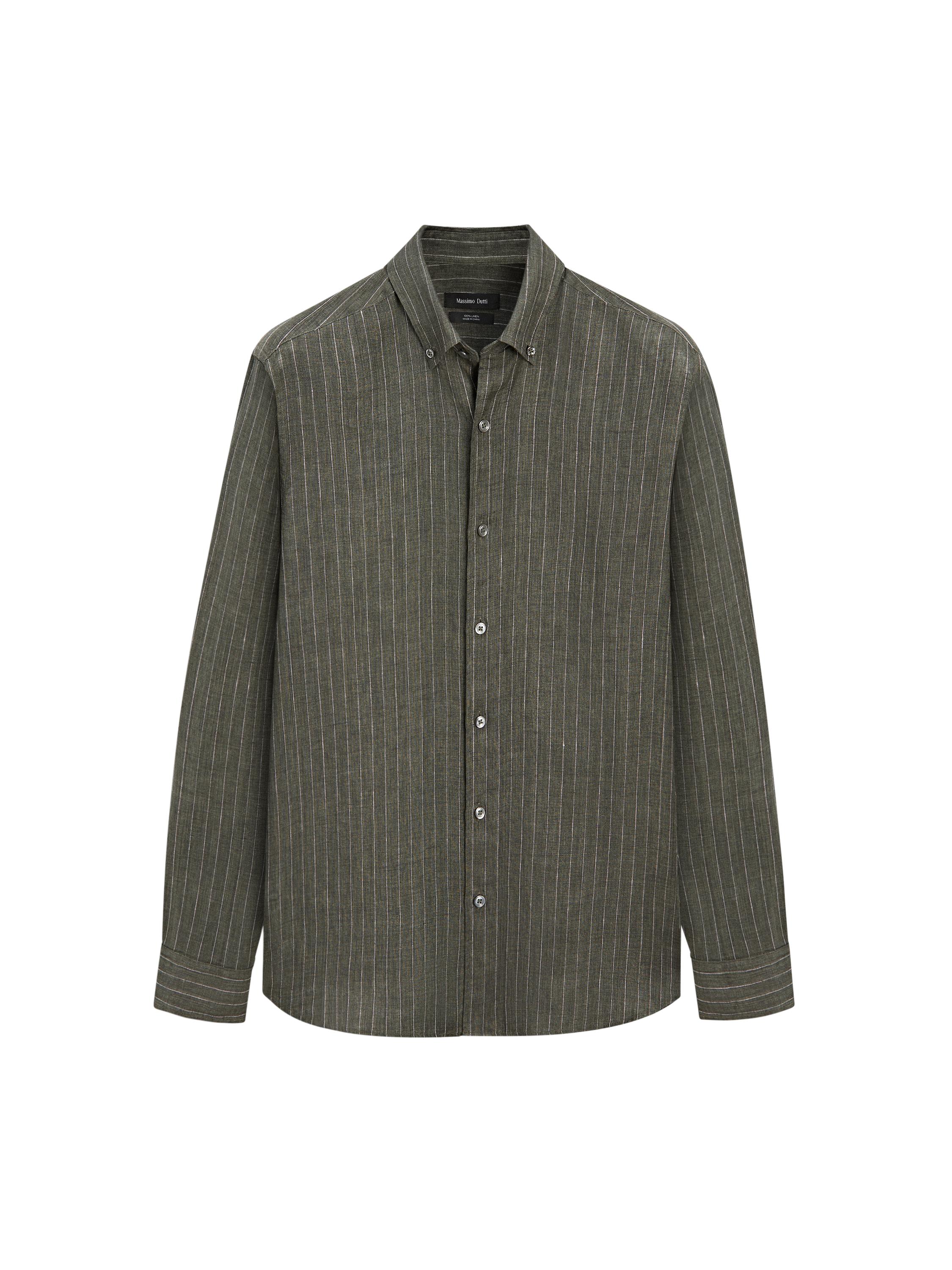 100% linen regular fit striped flowing shirt — GREEN MARL