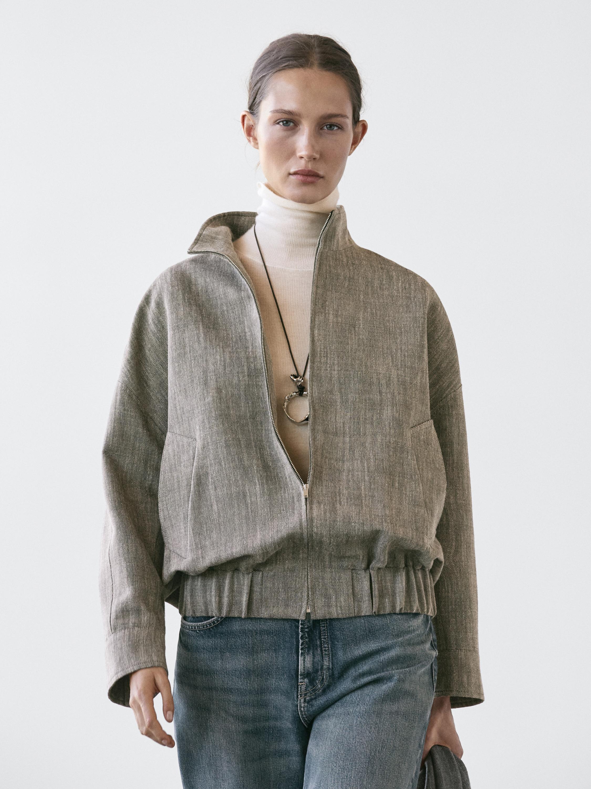Flecked bomber jacket with scarf — GREY