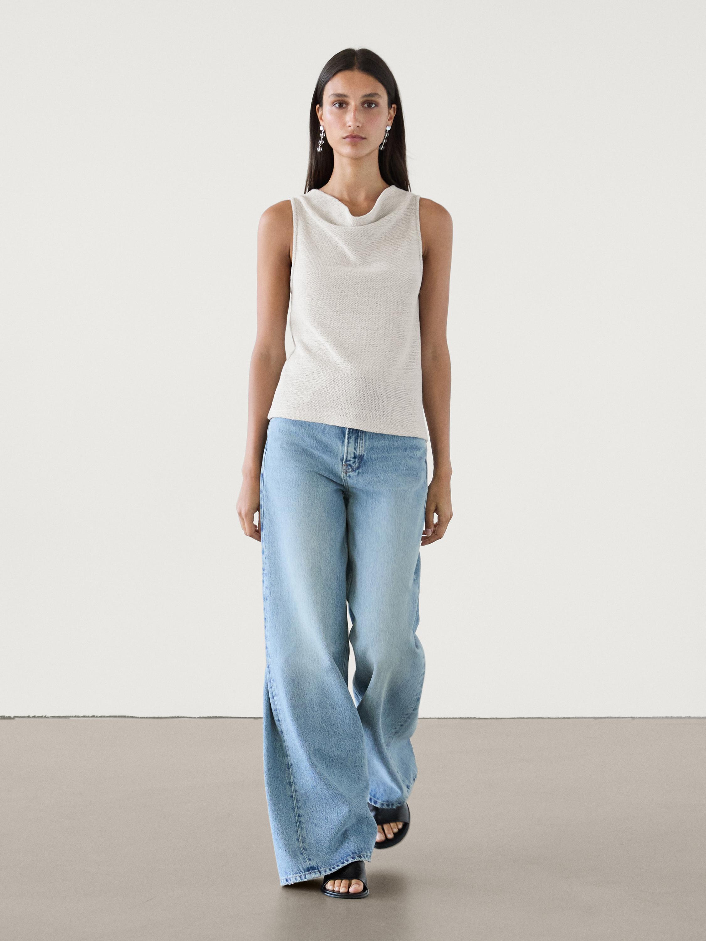 Cotton blend top with draped neckline