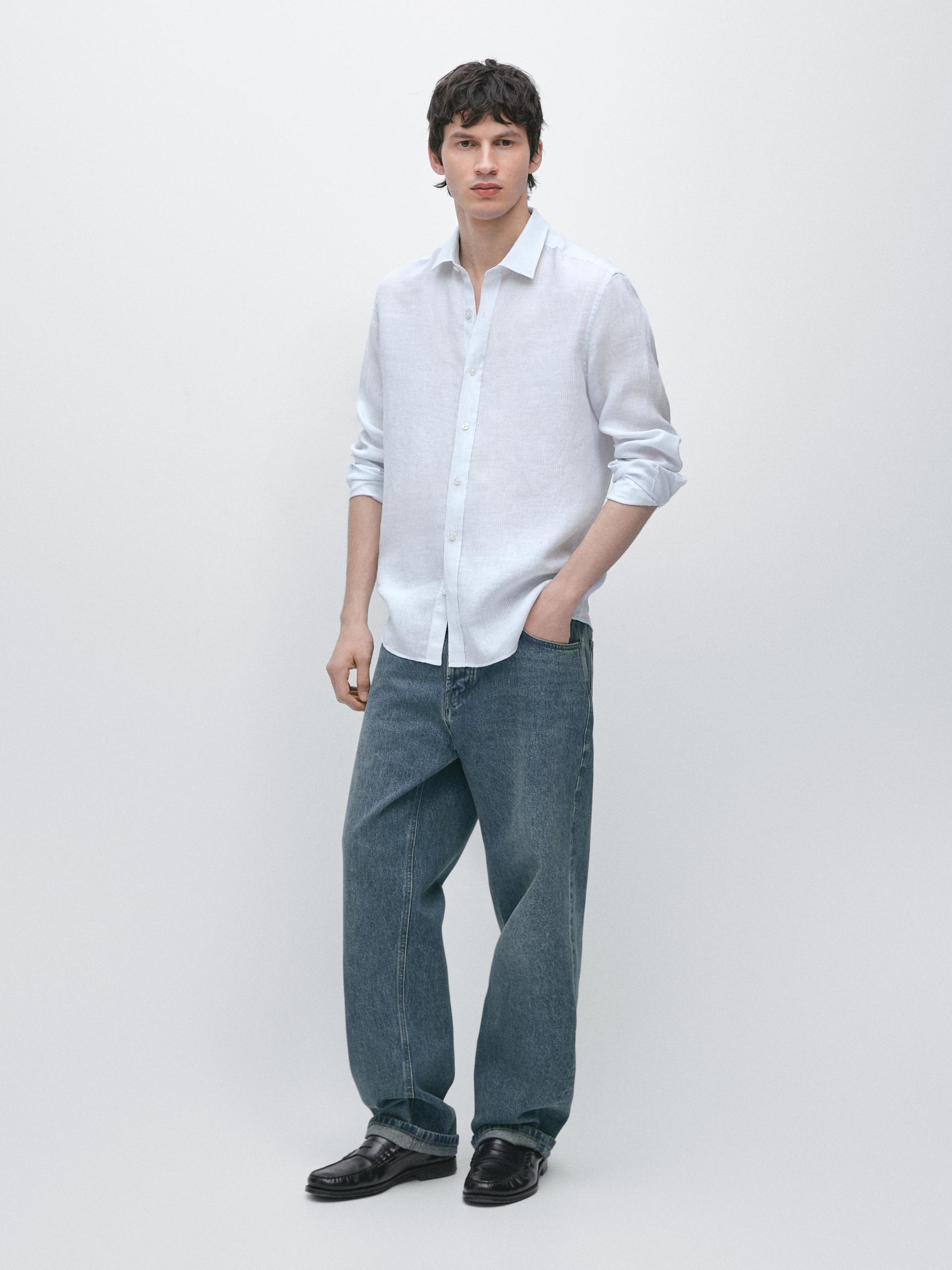 Camisa Rayas Lino - Azul Celeste - L - Massimo Dutti - Hombre