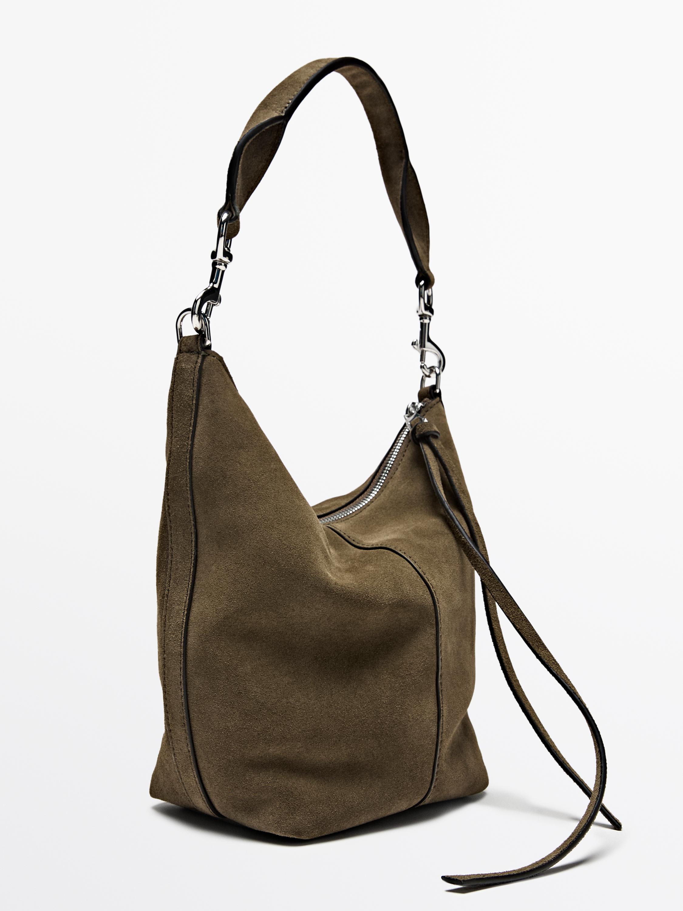 Split suede leather bucket bag — KHAKI