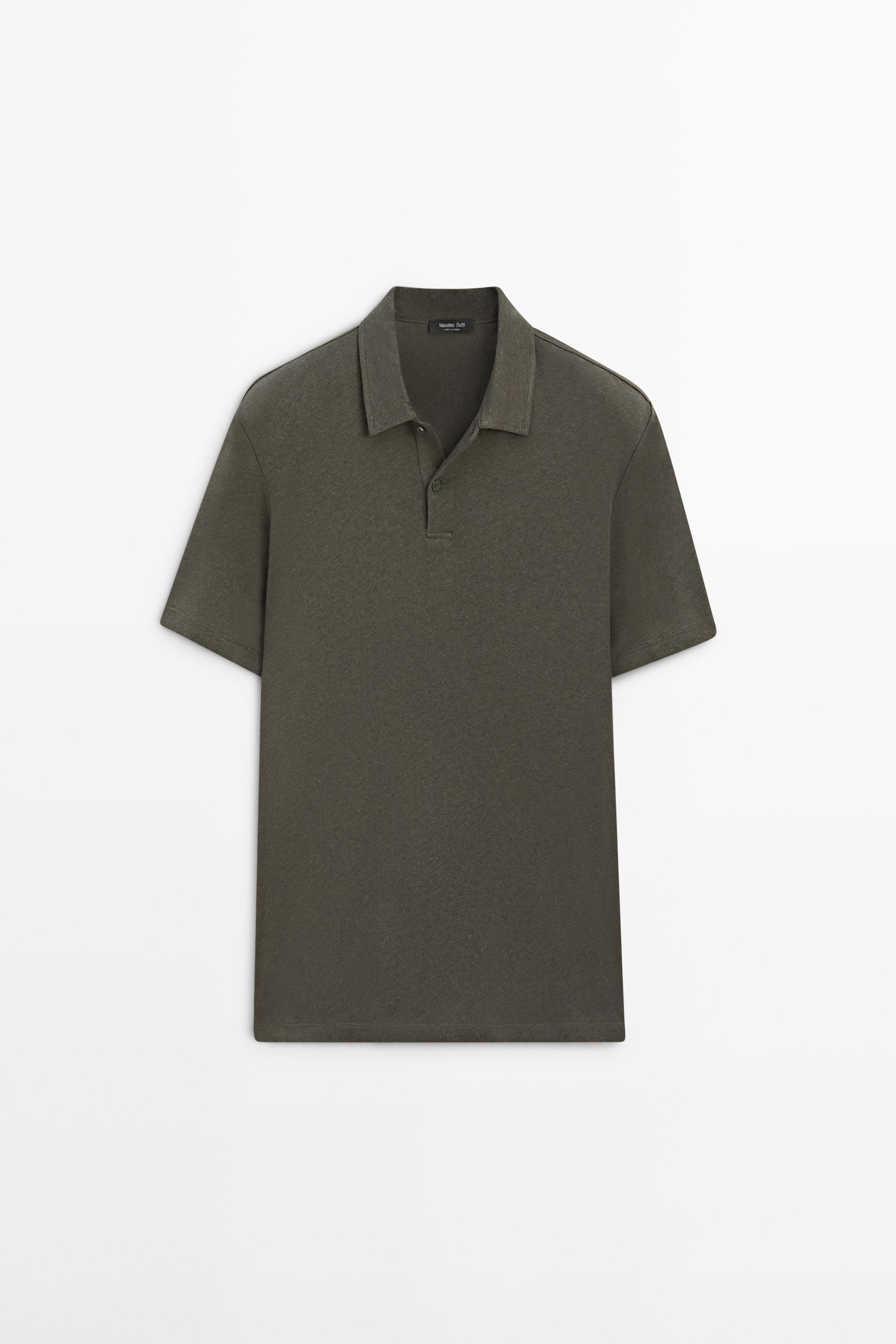 Linen and cotton short sleeve polo shirt — KHAKI