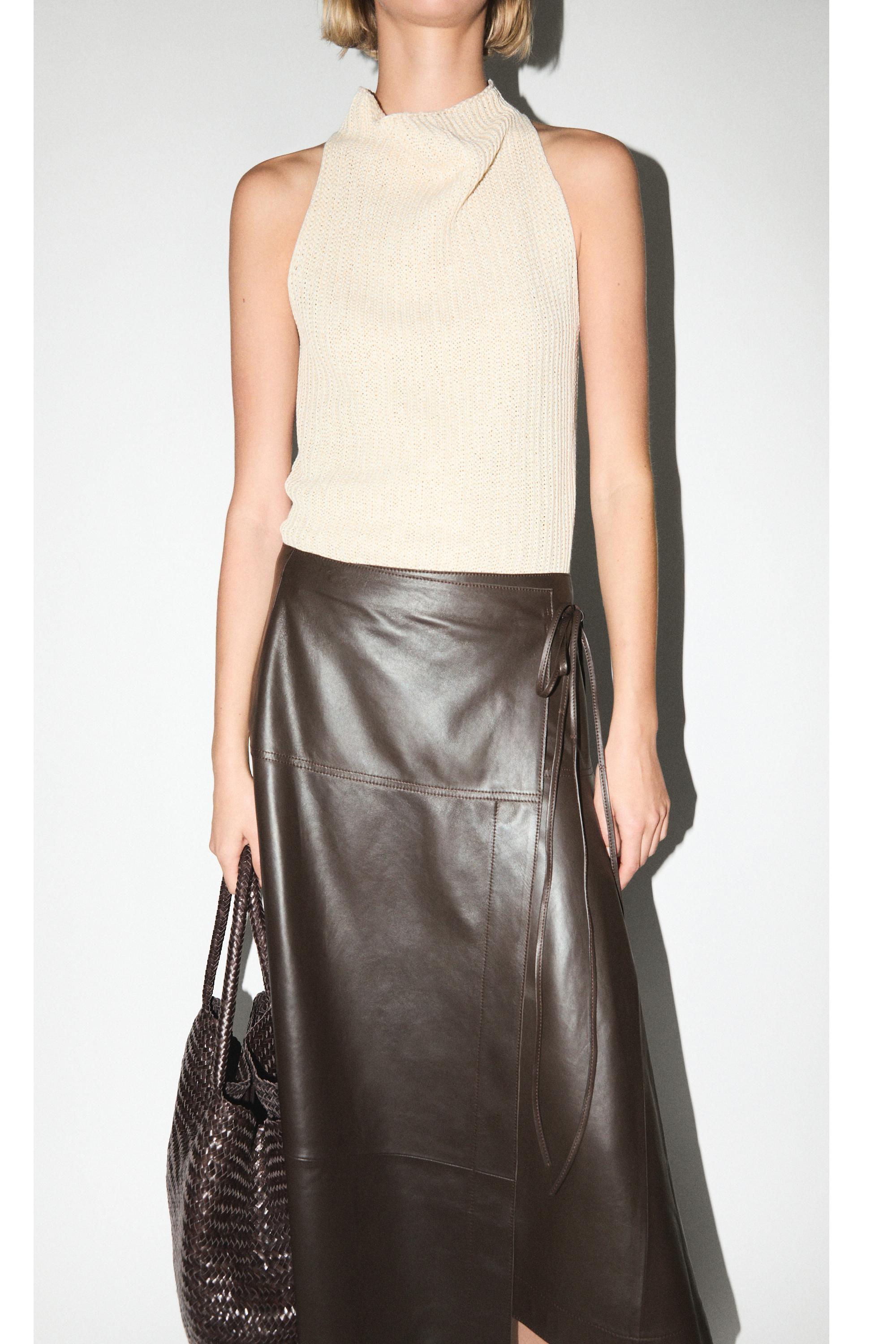 Nappa leather midi skirt with tie detail — BROWN