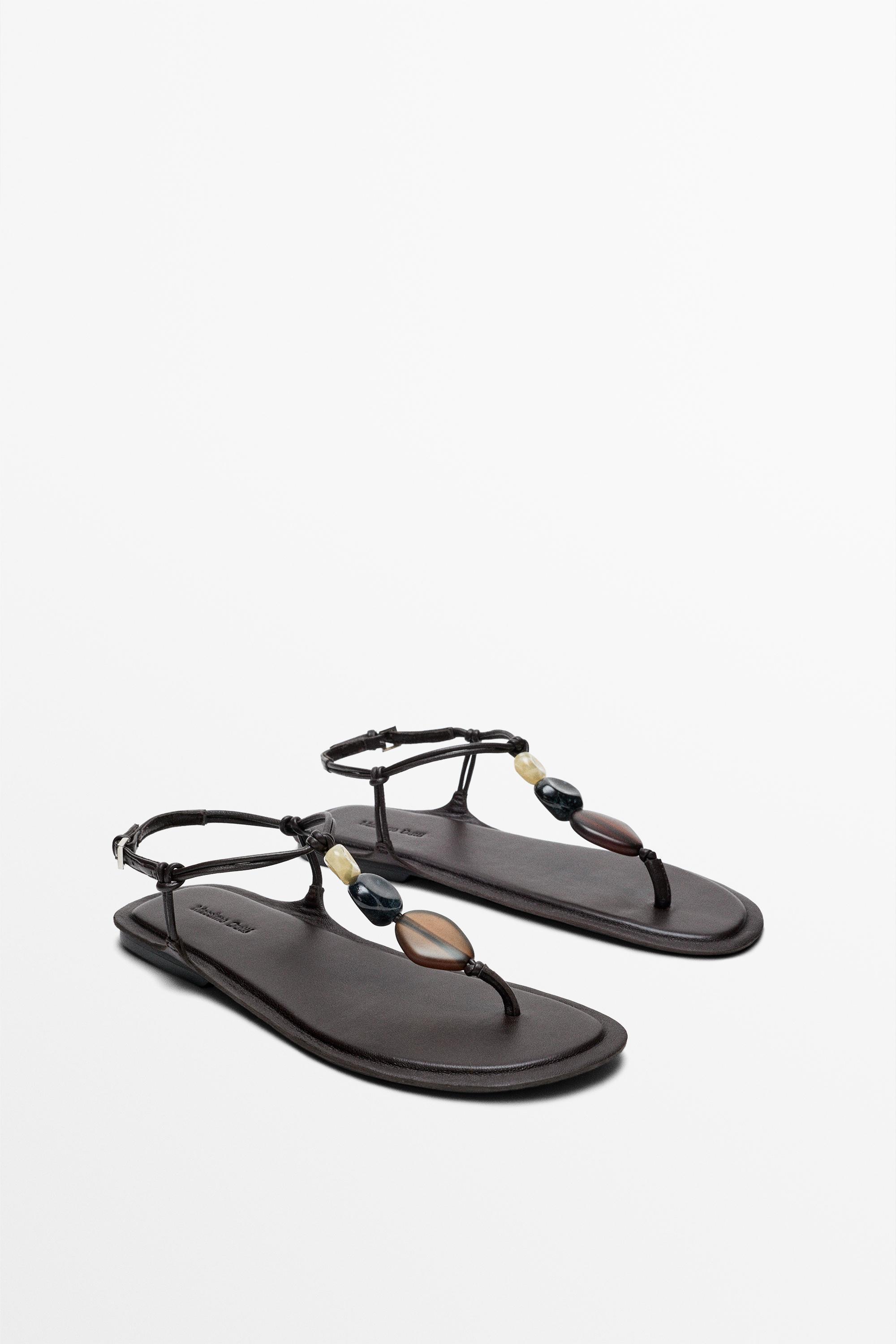 Flat slider sandals with stones — BROWN
