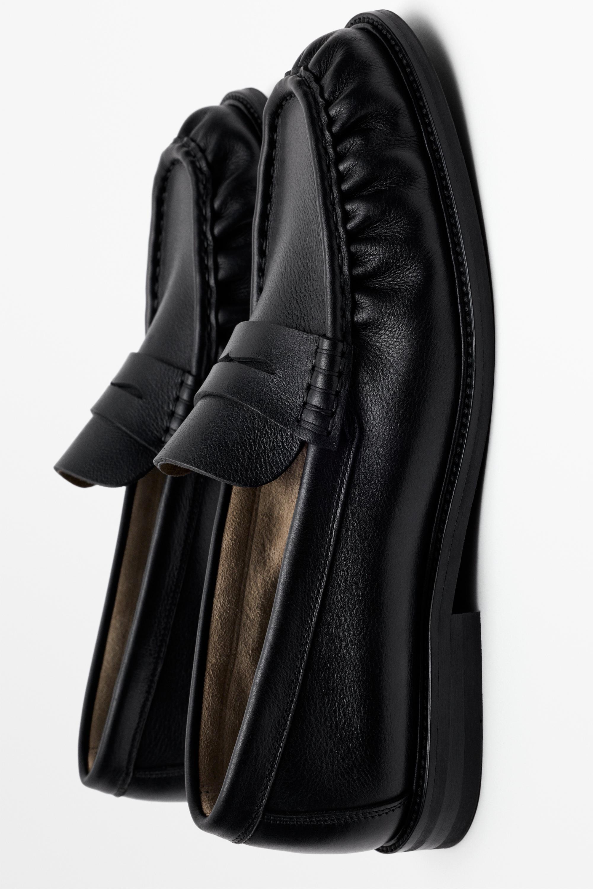Shirred split suede leather loafer — BLACK