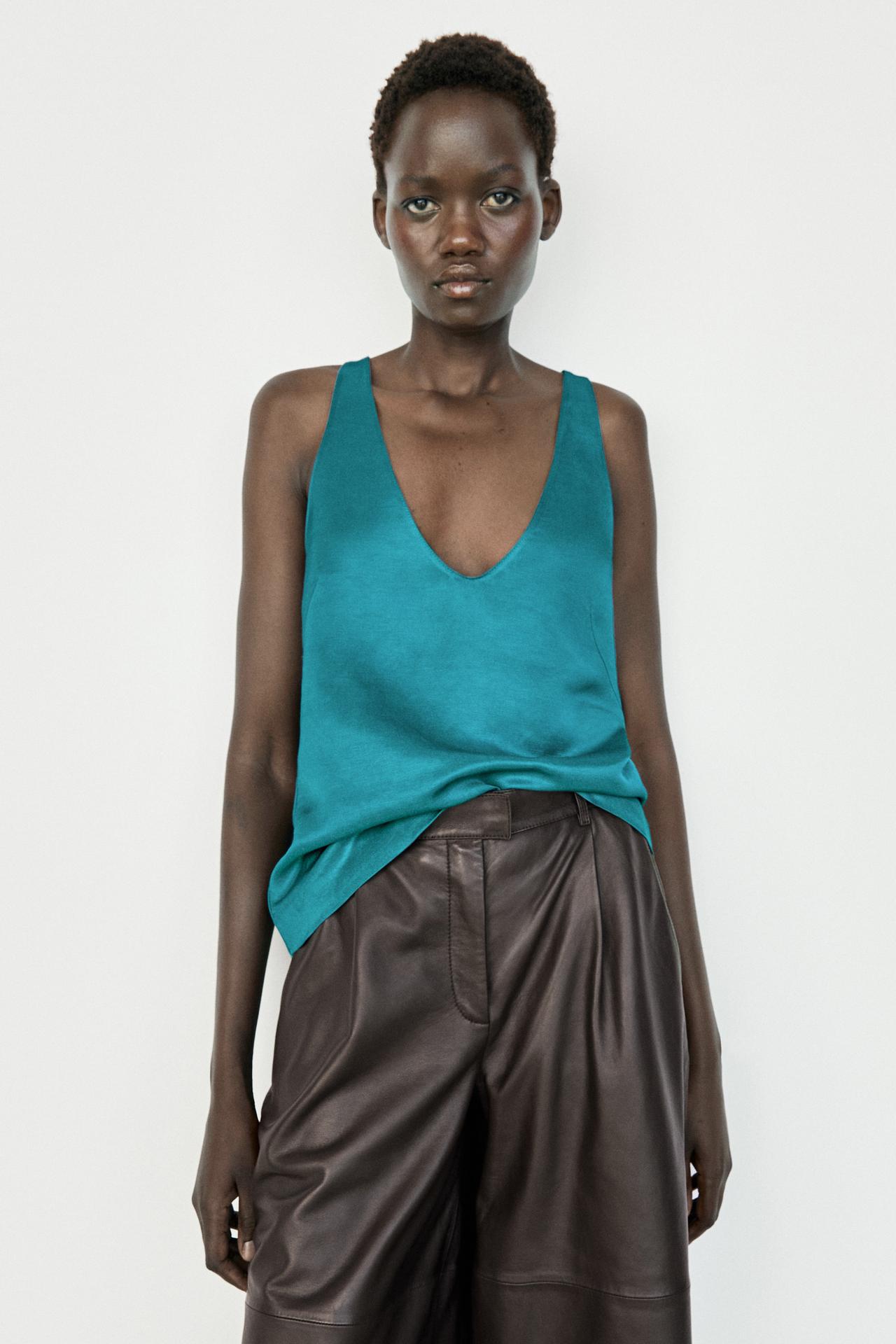 Satin linen blend V-neck top — TURQUOISE