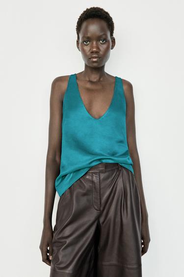 Satin linen blend V-neck top — TURQUOISE 3