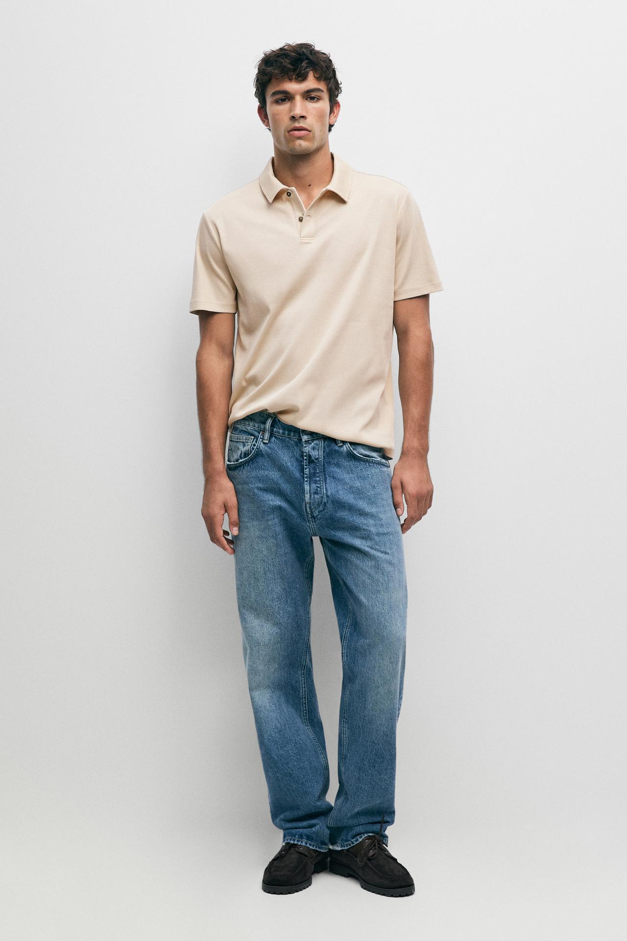 100% cotton polo shirt with placket detail — BEIGE