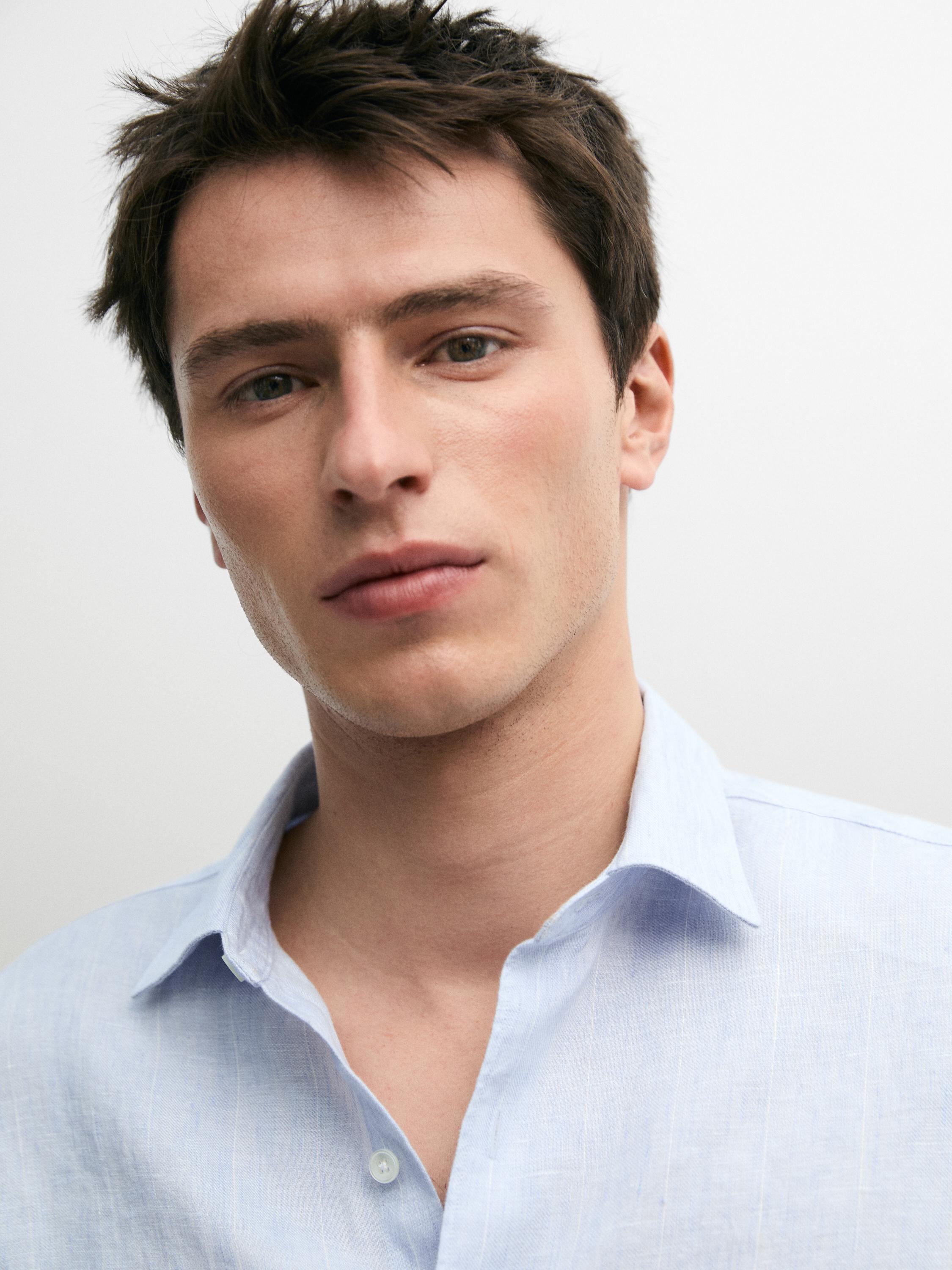 100% linen regular fit striped shirt — Light Blue
