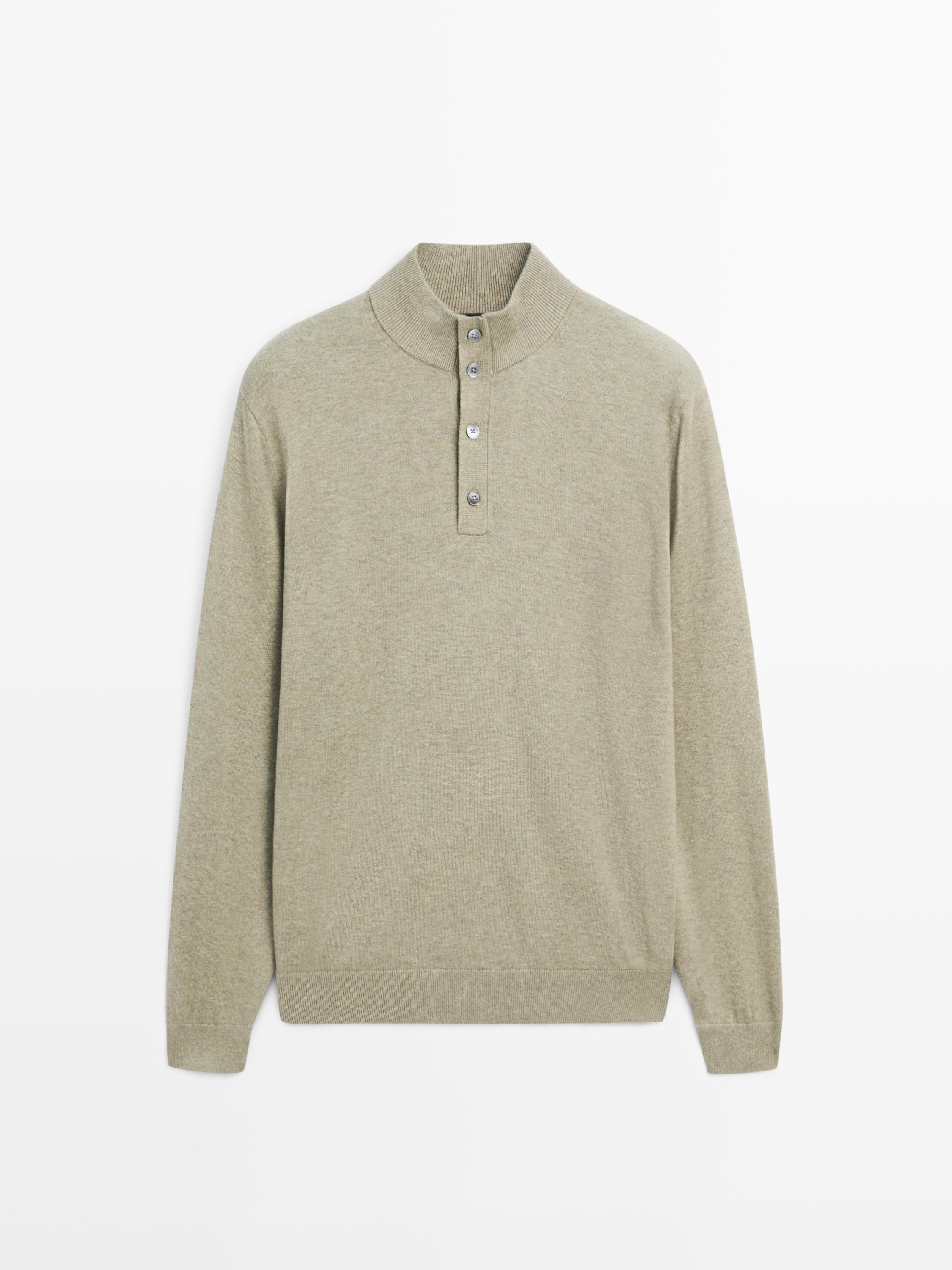 Knit sweater with mock button neck