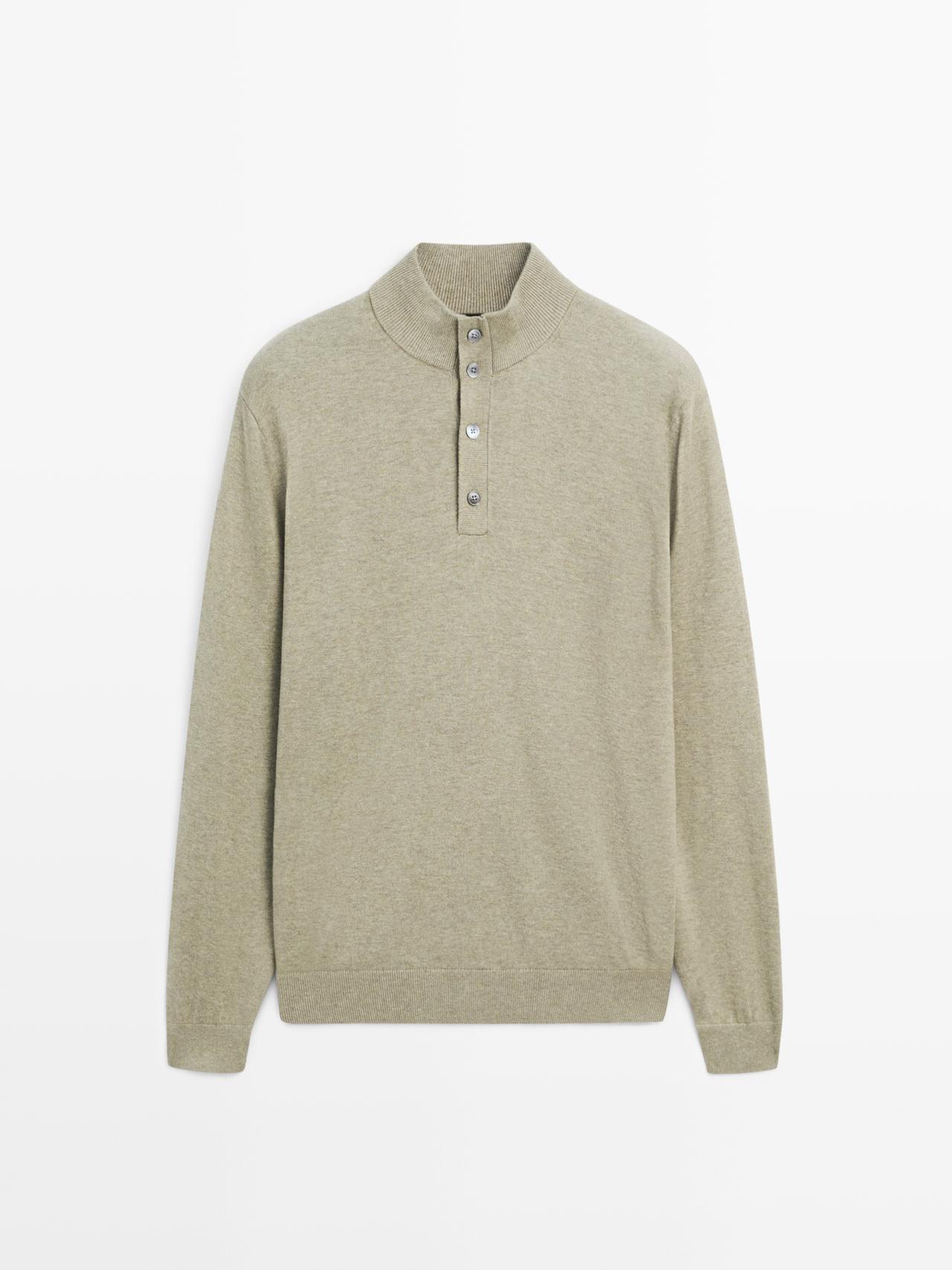 Massimo Dutti - Herre - Striktrøje Med Høj Hals Med Knapper - Havgrøn - S