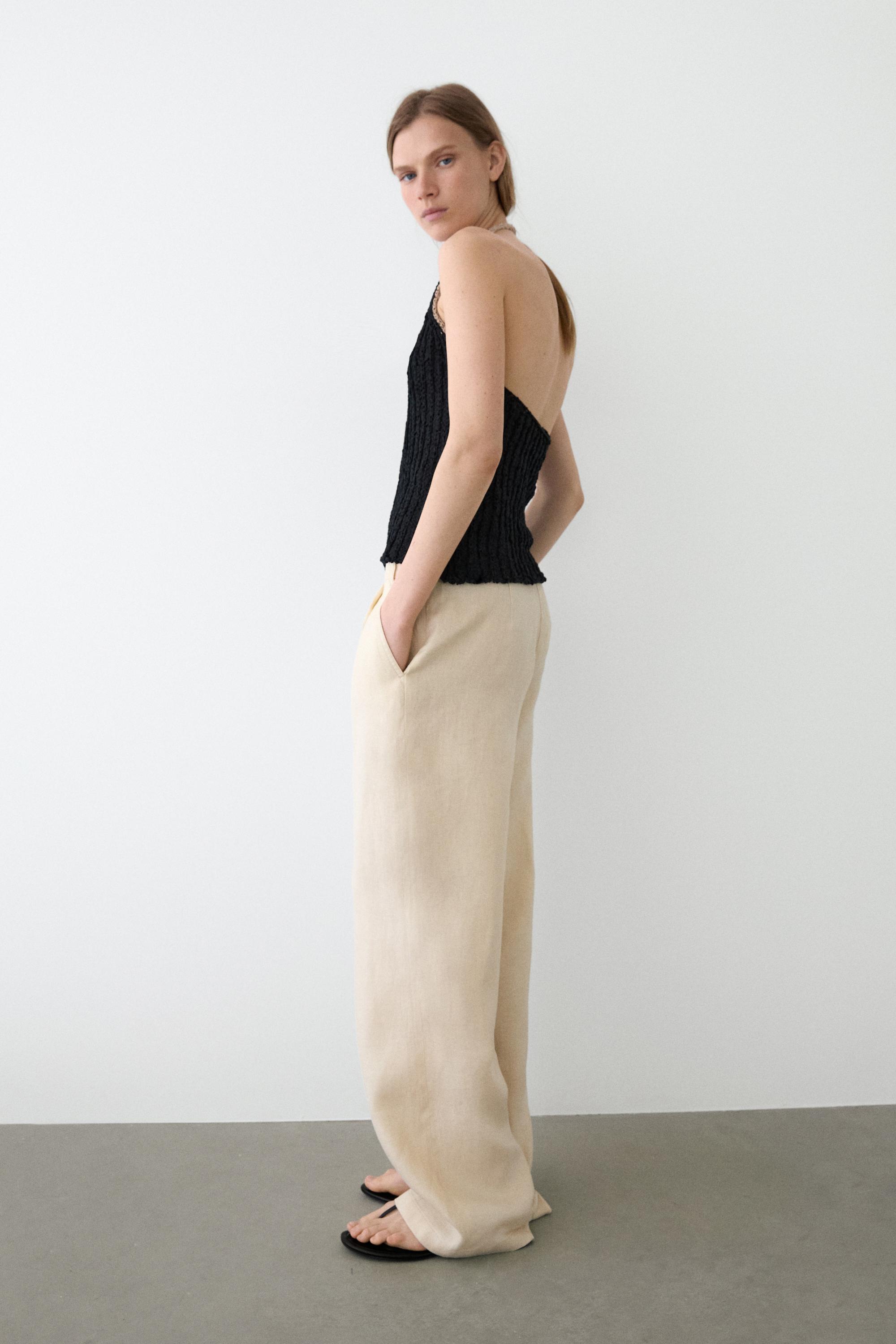 100% linen wide-leg elasticated trousers — SAND