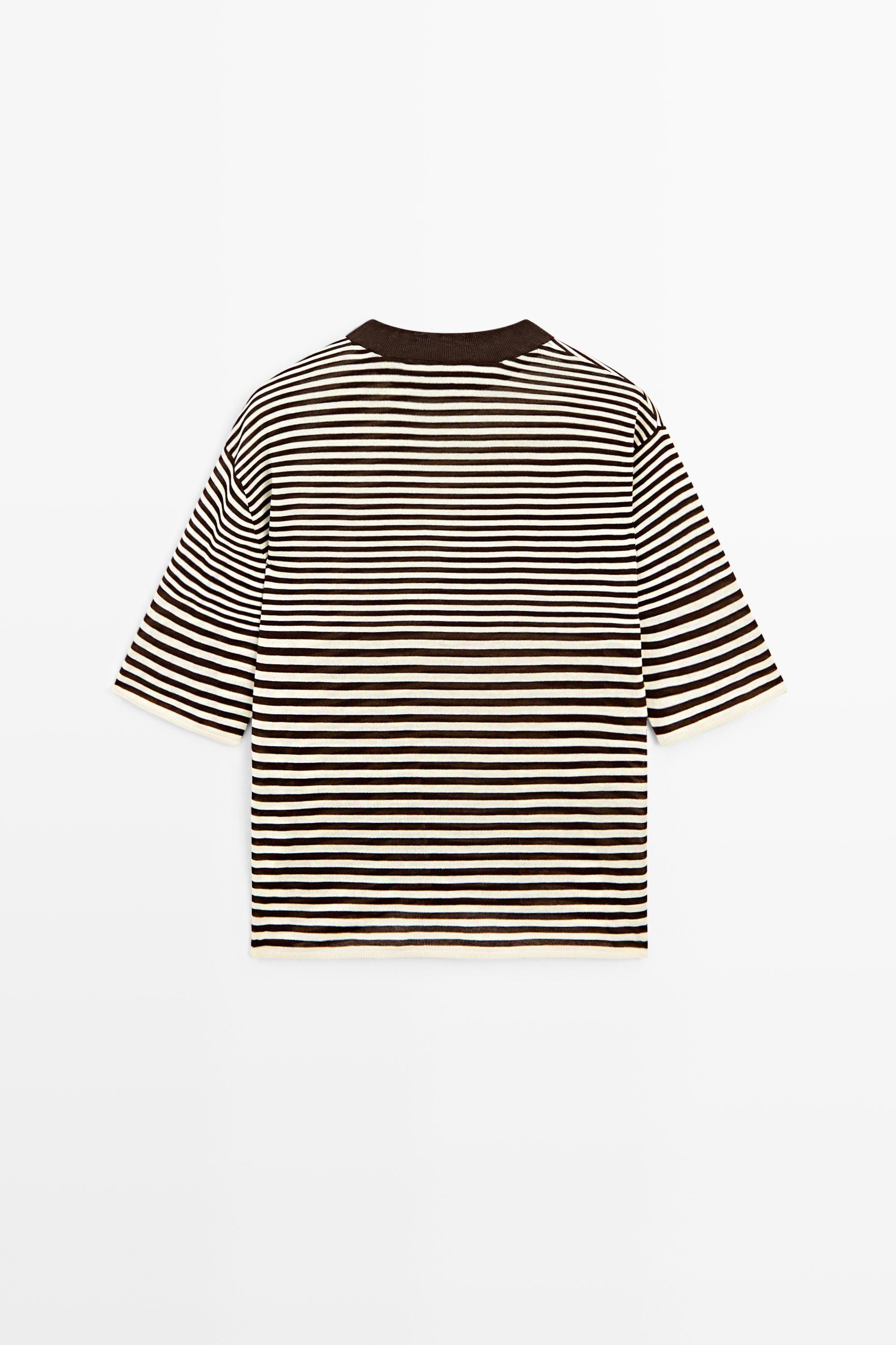 100% cotton short sleeve striped T-shirt — BROWN