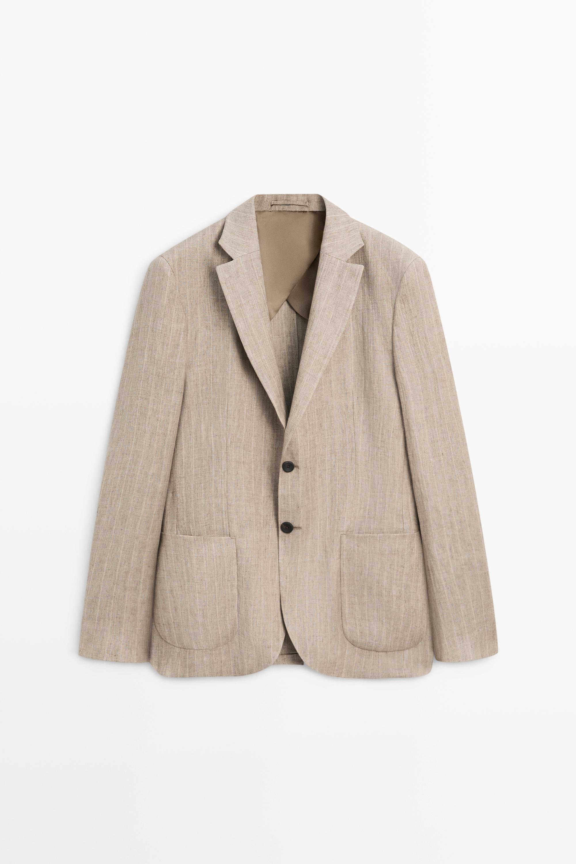 Linen herringbone stripe blazer — BEIGE
