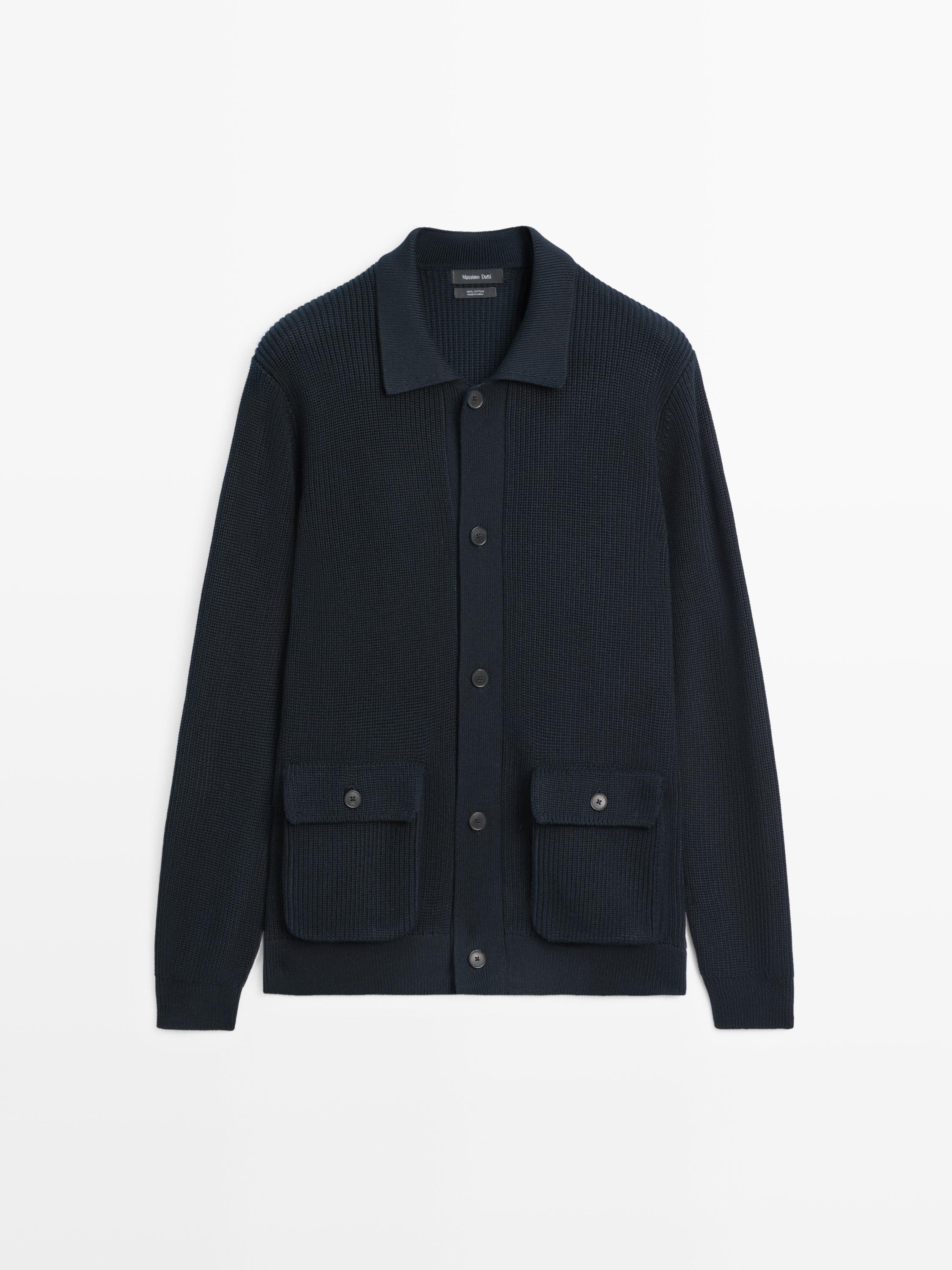 Cotton knit cardigan with pockets — NAVY BLUE
