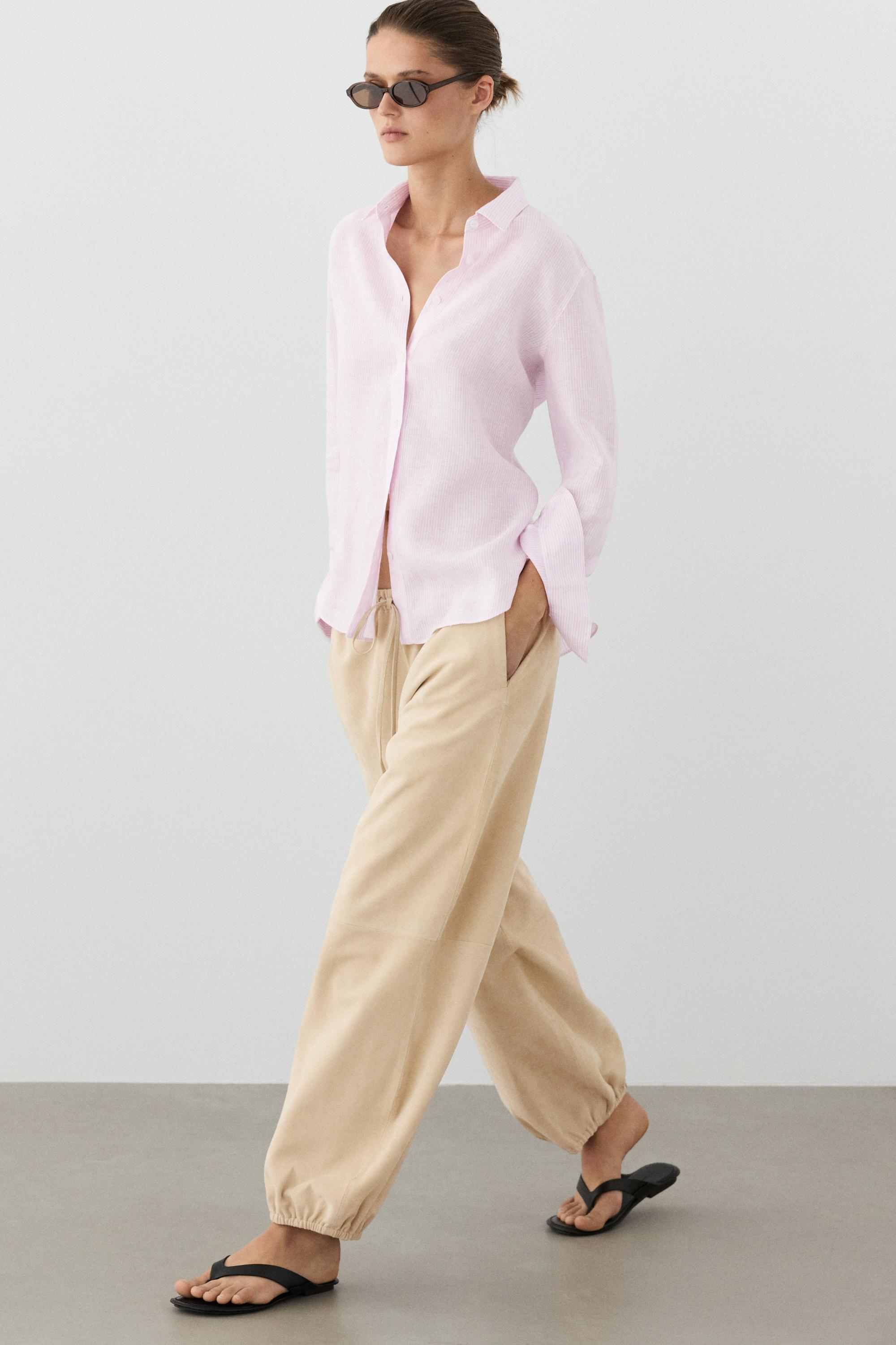 100% linen shirt with striped details — Pink