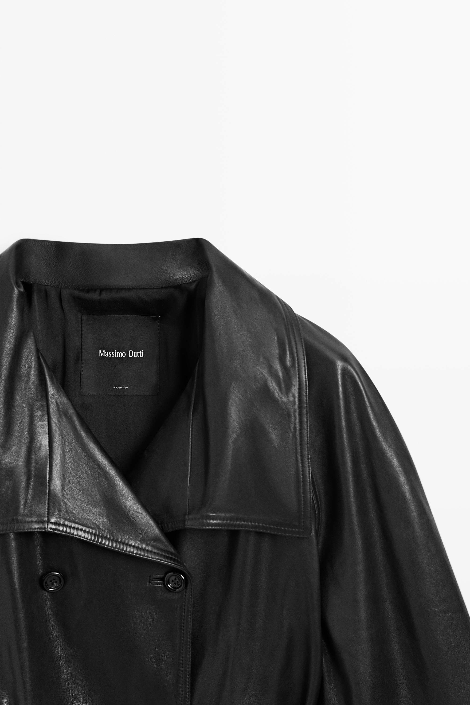 Short high neck leather trench coat — BLACK