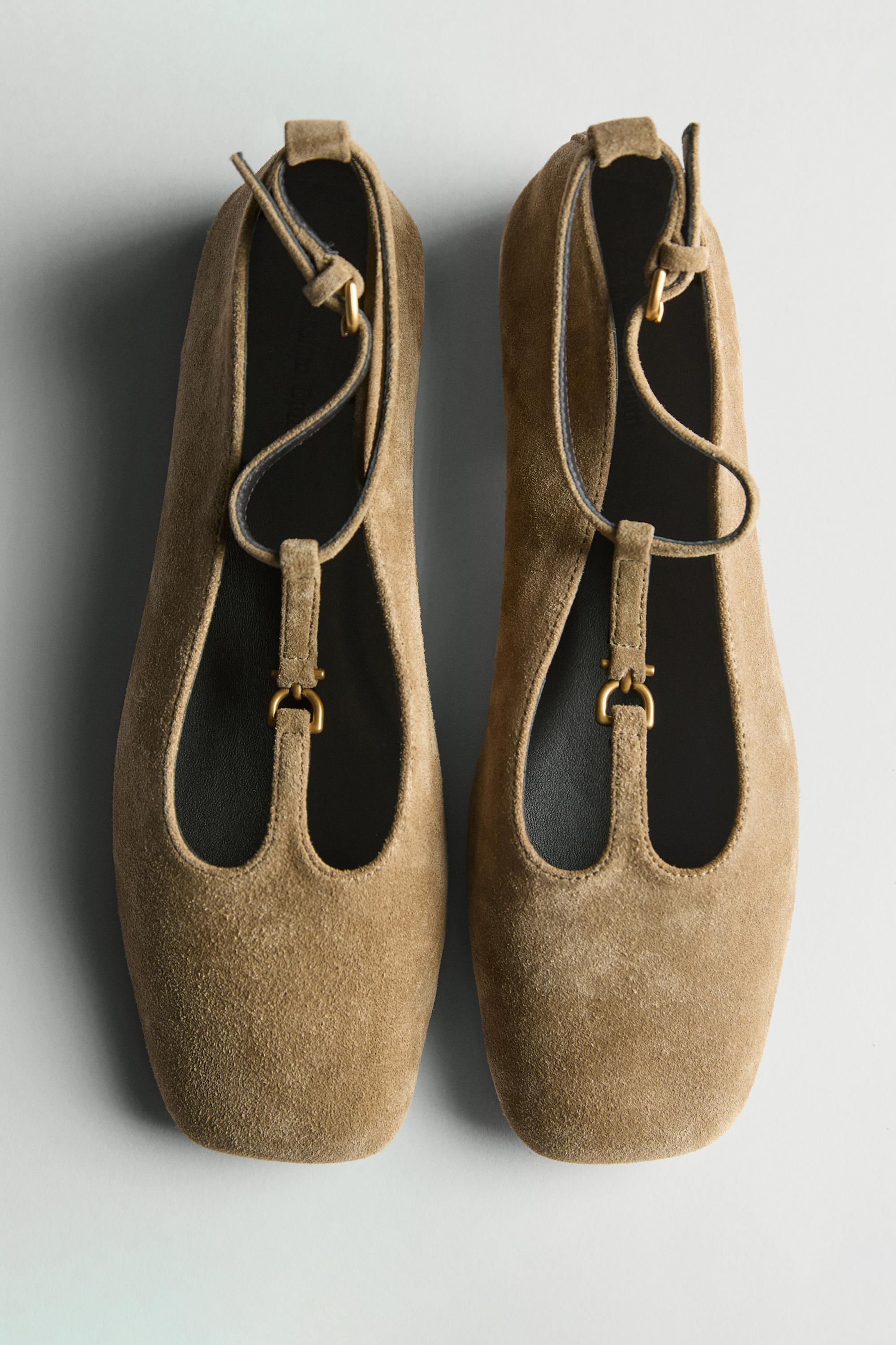 Split suede ballet flats with instep strap — TAUPE
