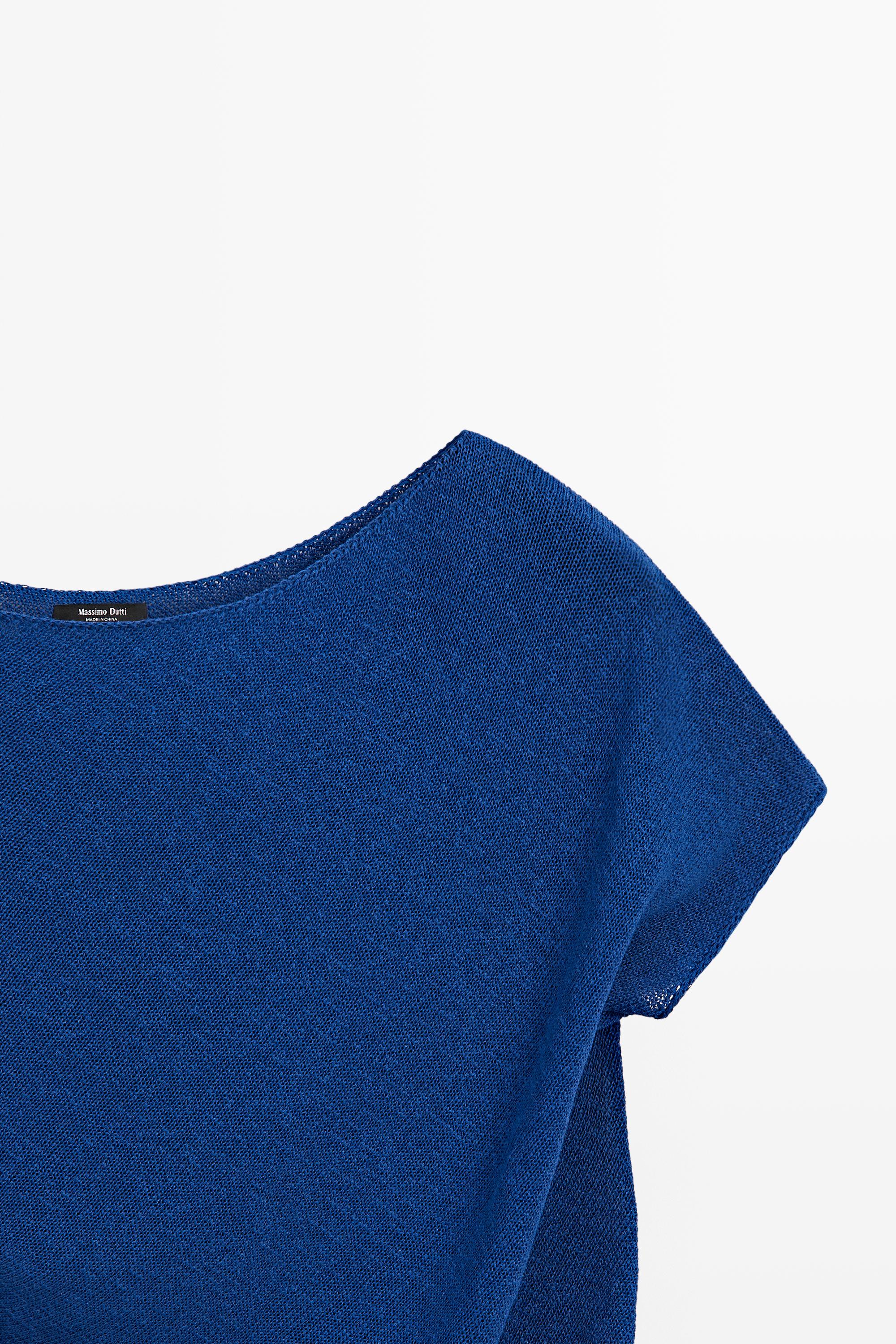 Asymmetric short sleeve linen T-shirt — DEEP BLUE