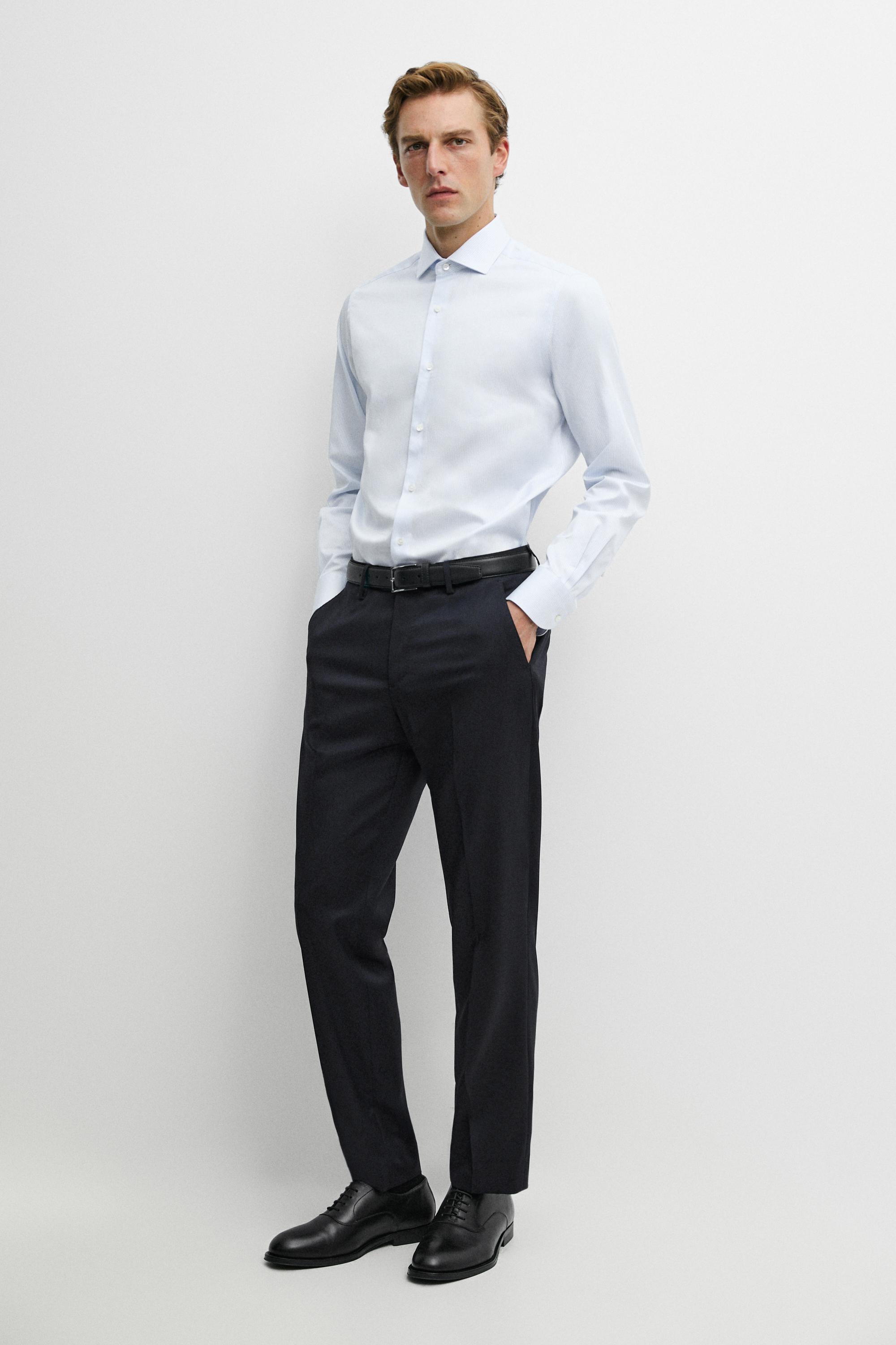 Slim fit 100% cotton double stripe shirt — Sky blue