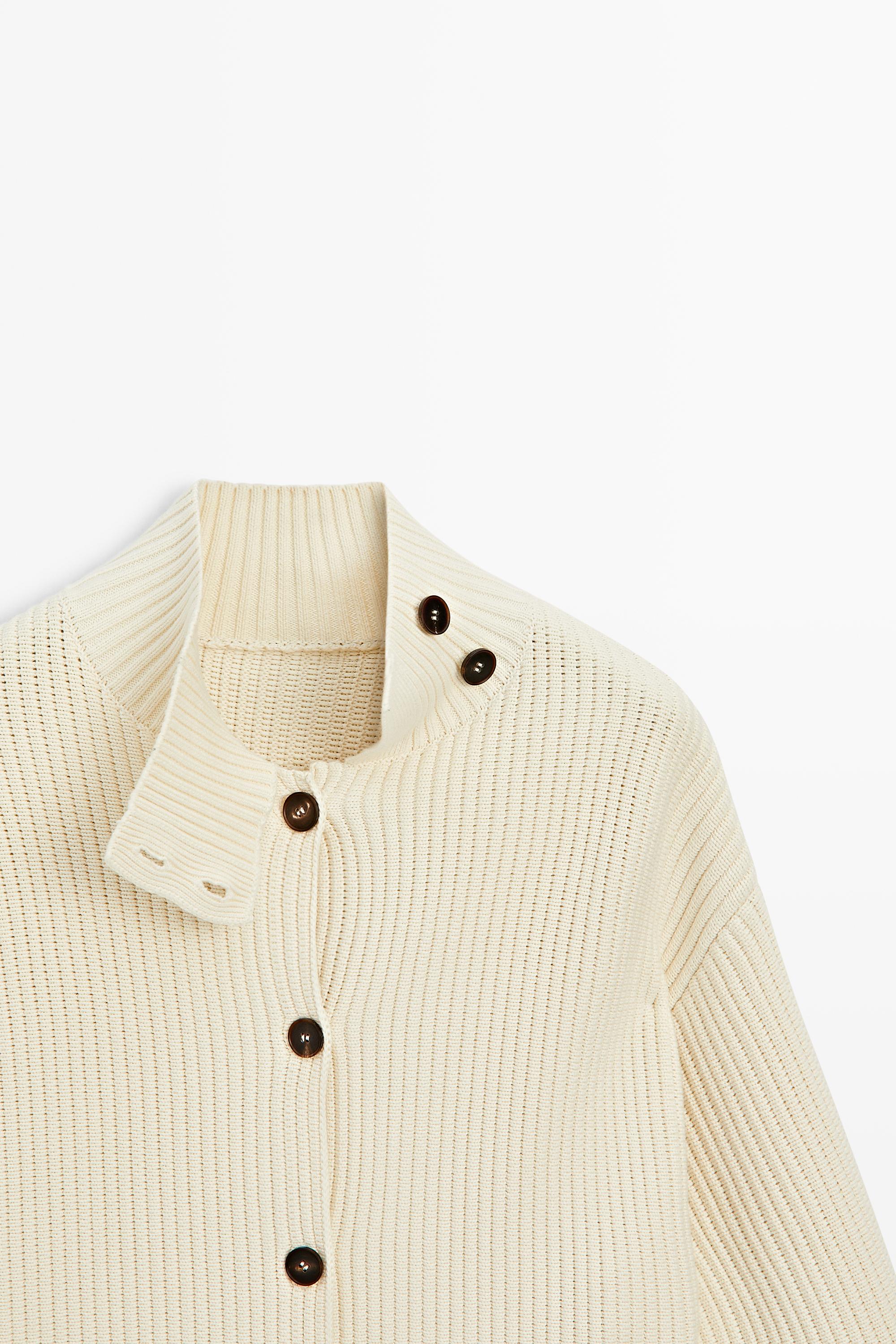 100% cotton turtleneck knit cardigan — CREAM