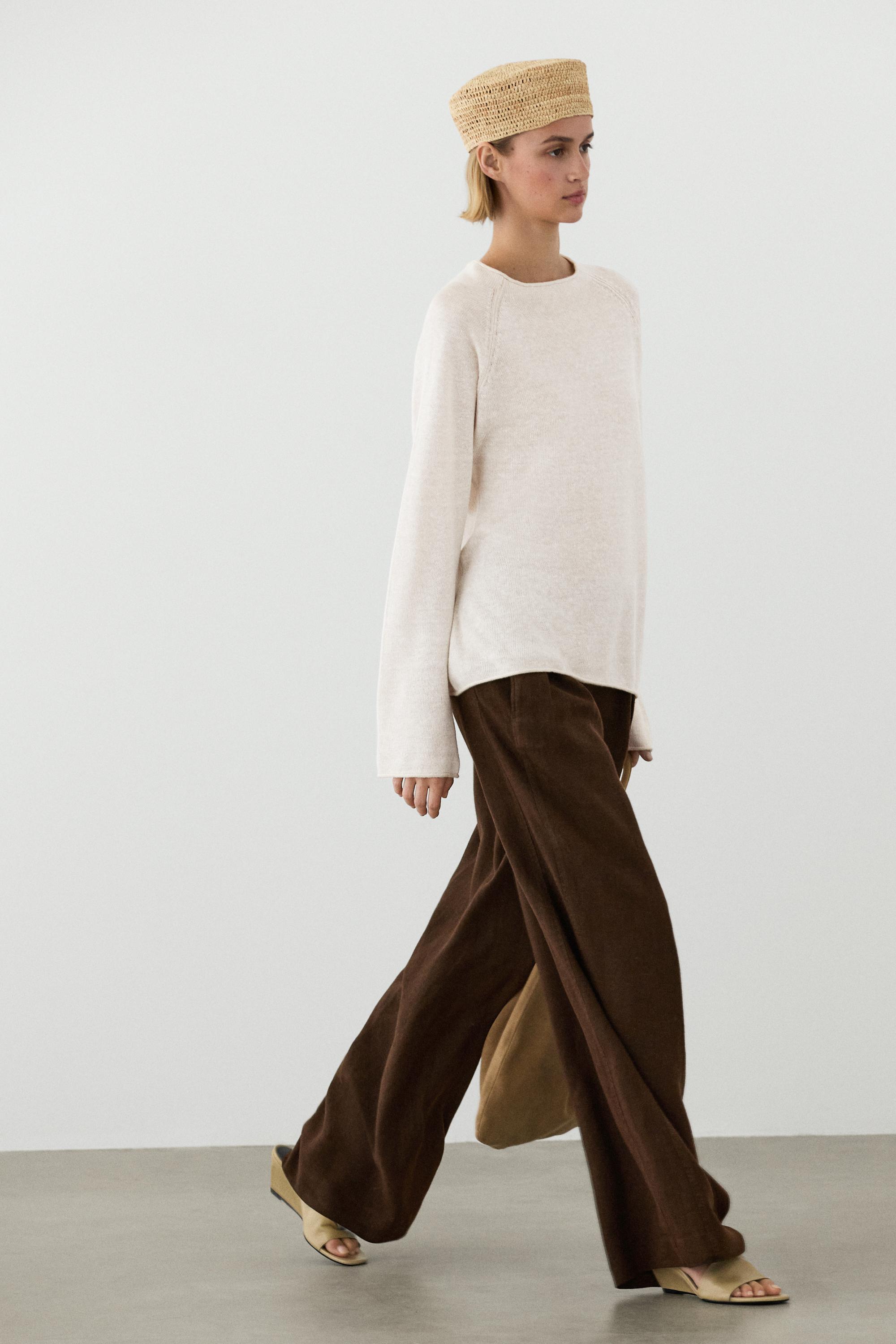 100% linen wide-leg pleated trousers — BROWN