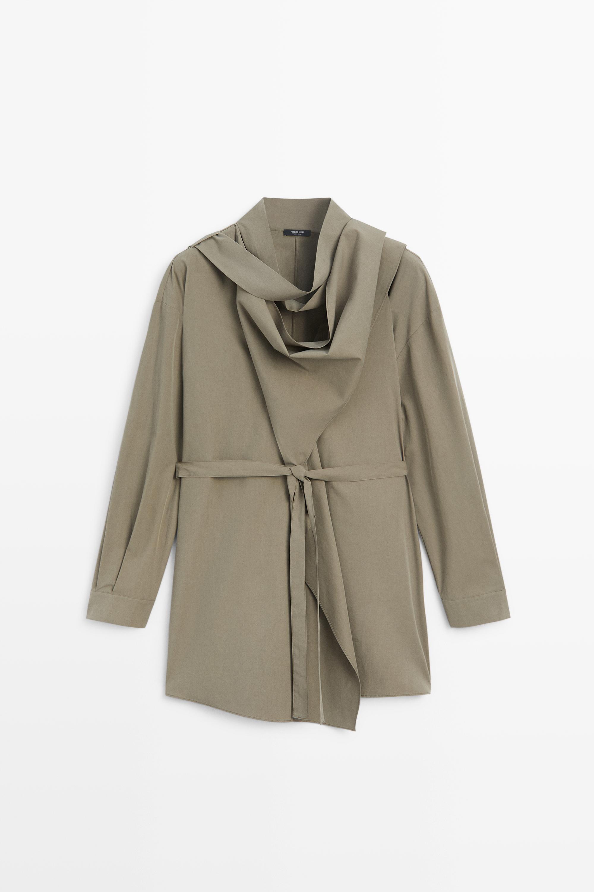 Long flowing cotton-blend blouse with belt by Massimo Dutti