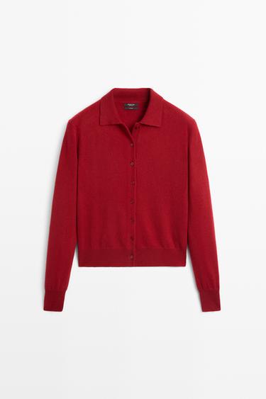 100% cashmere knit polo collar cardigan — MAROON 2