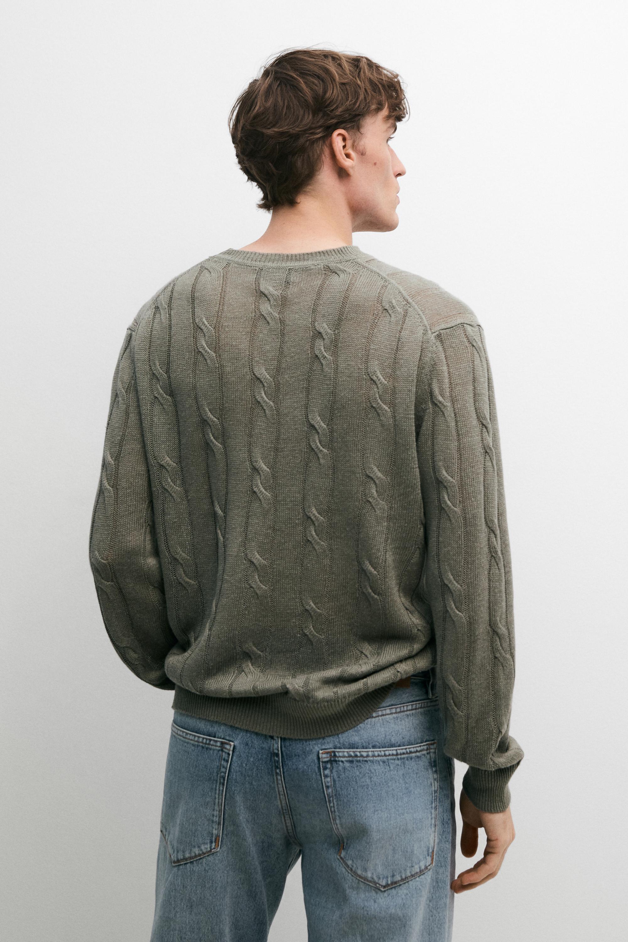 100% linen cable-knit sweater — PALE KHAKI