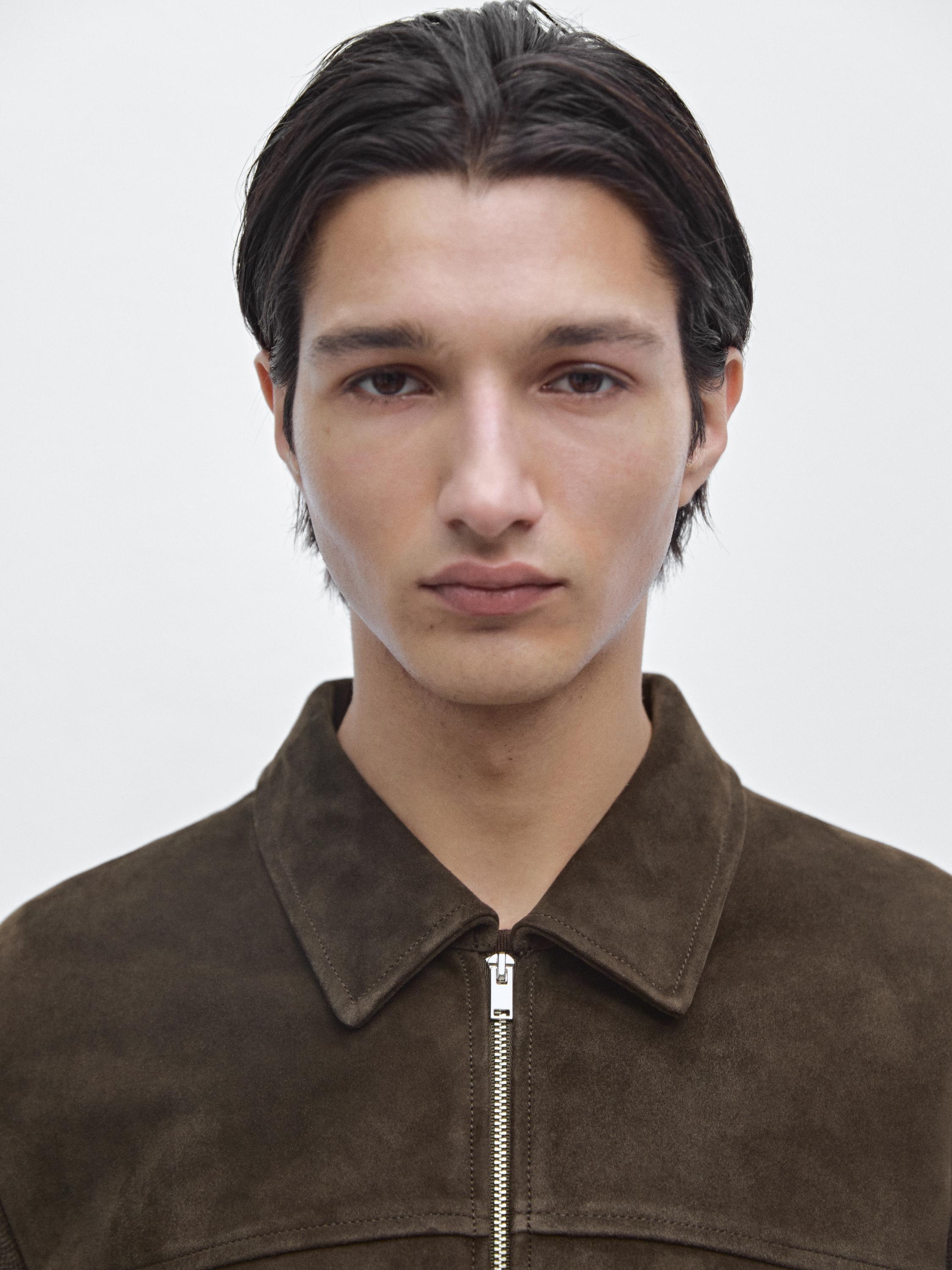 Contrast cotton and leather jacket — BROWN