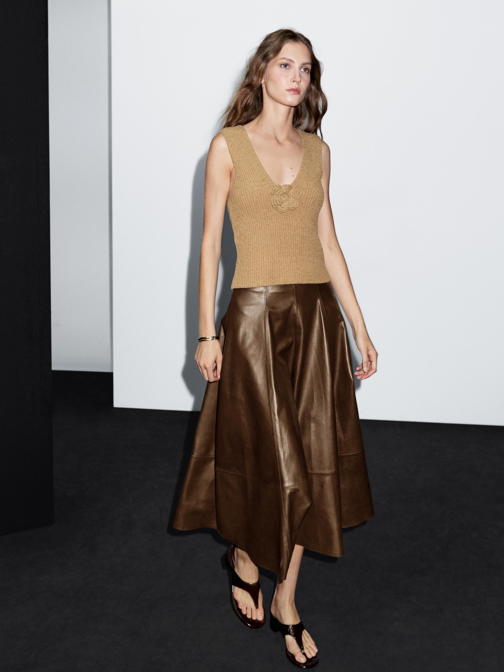 Massimo Dutti Nappa Leather Flared Midi Skirt In Brown