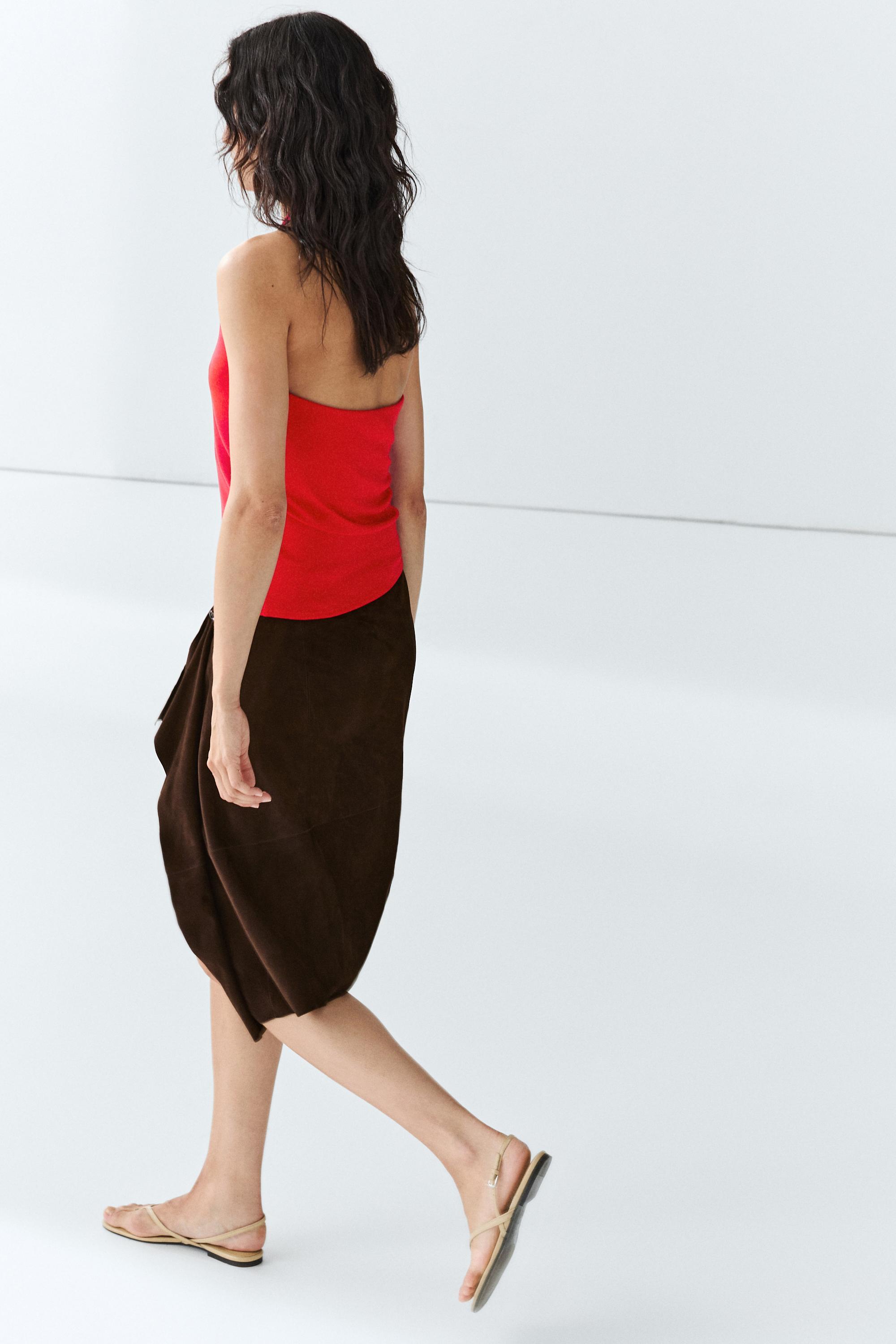Suede leather midi skirt with ruffle detail — BROWN