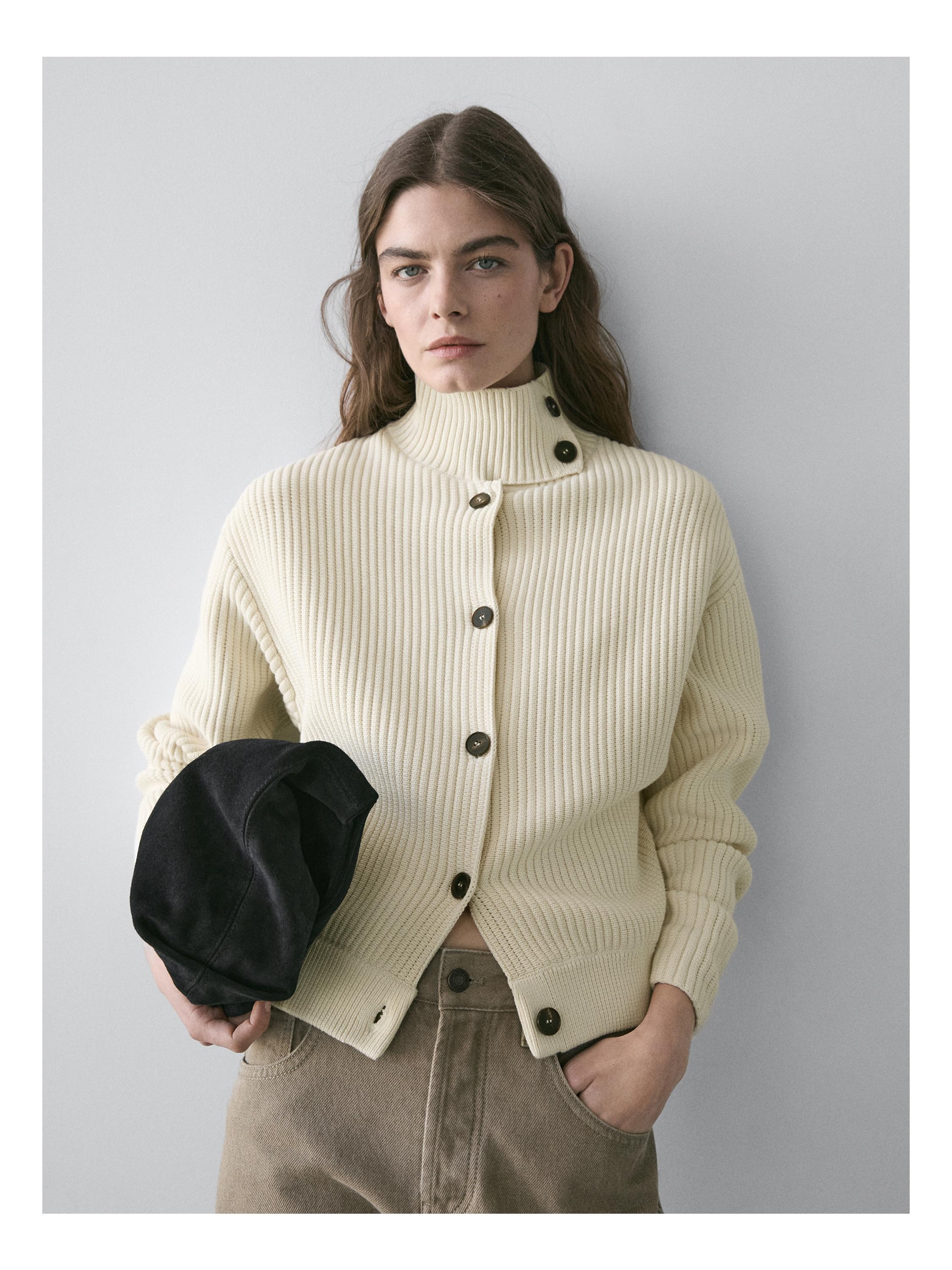 100% cotton turtleneck knit cardigan — CREAM