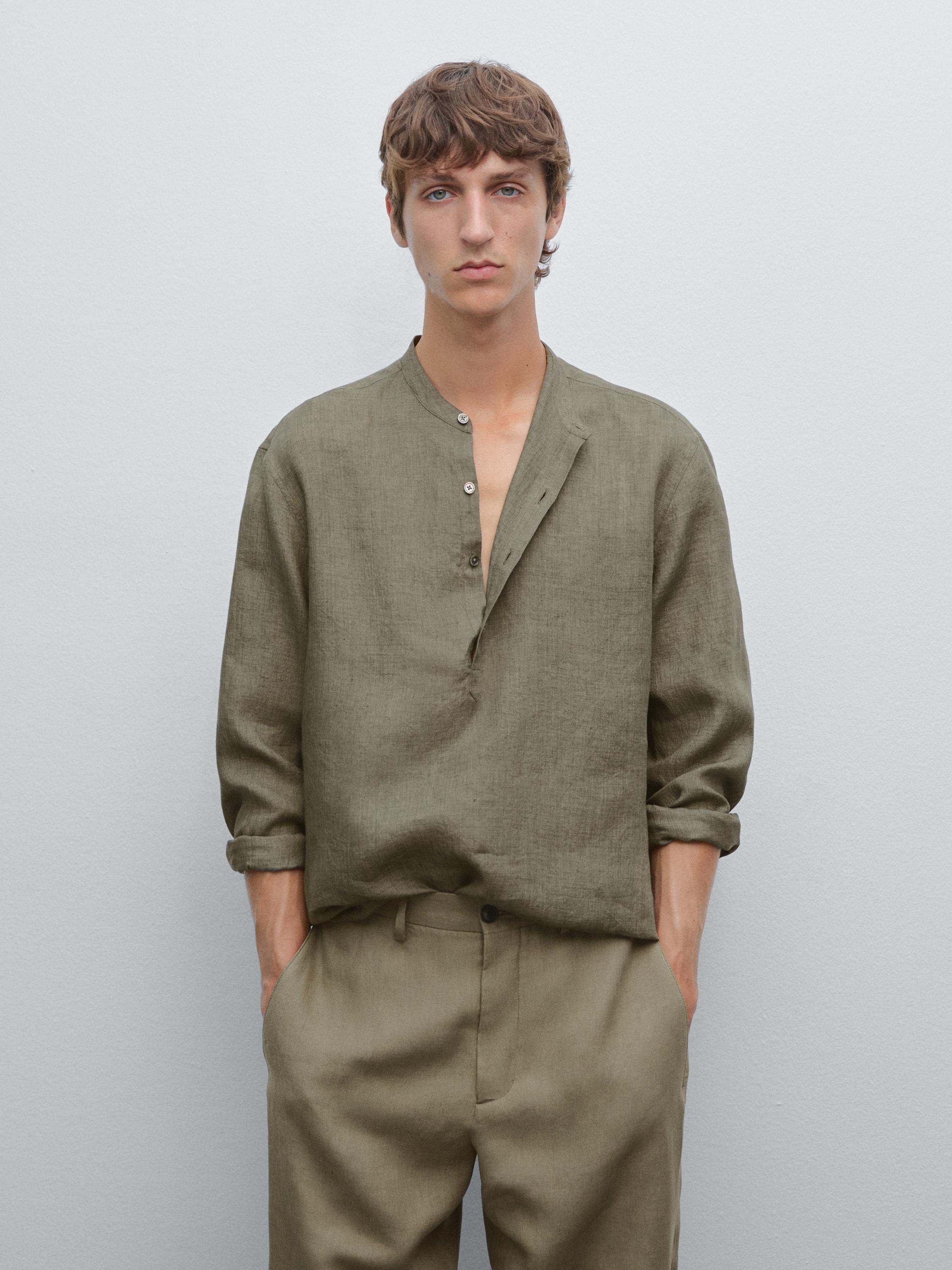 Faded linen shirt with stand collar
