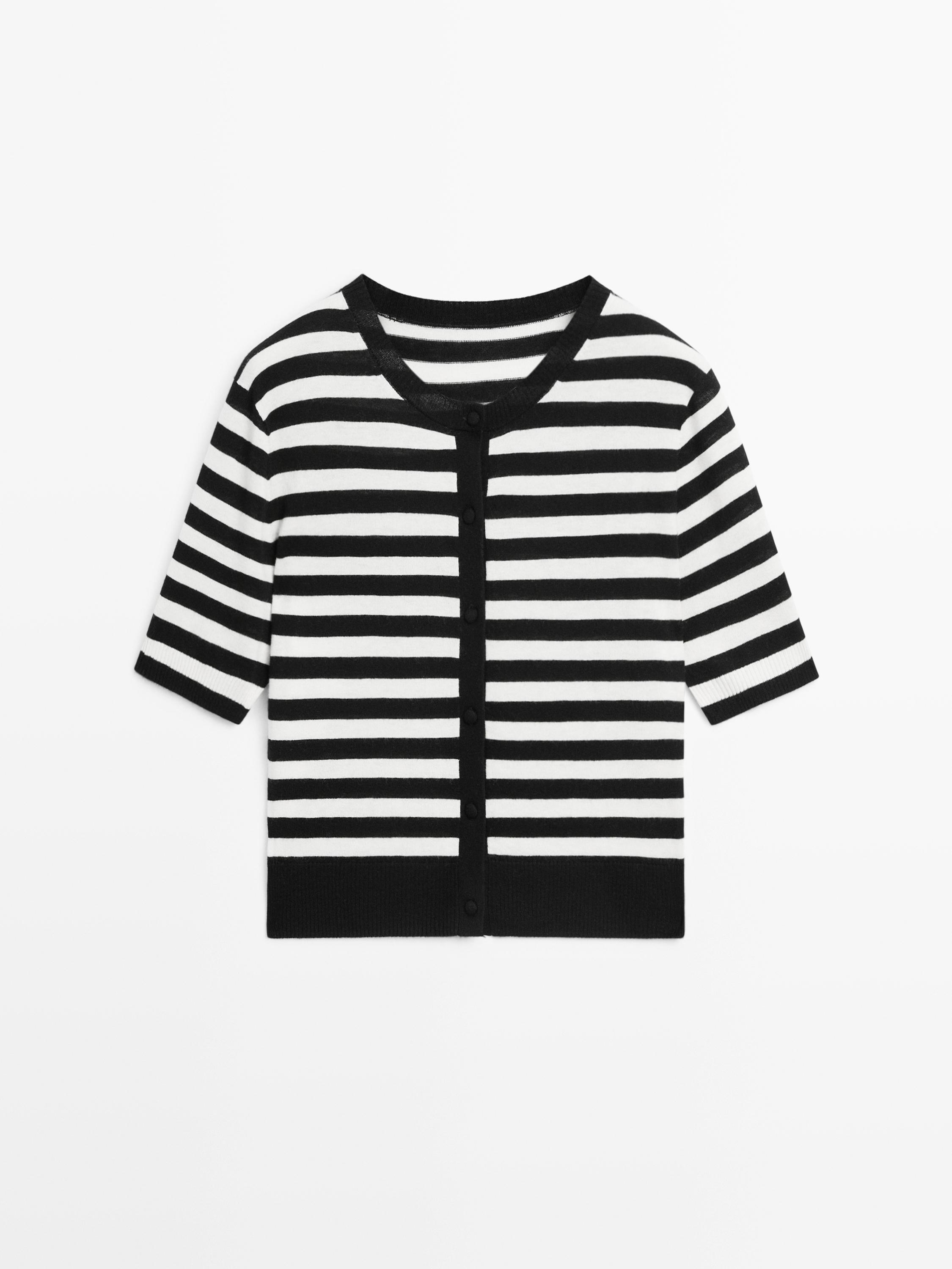 Striped short sleeve knit cardigan