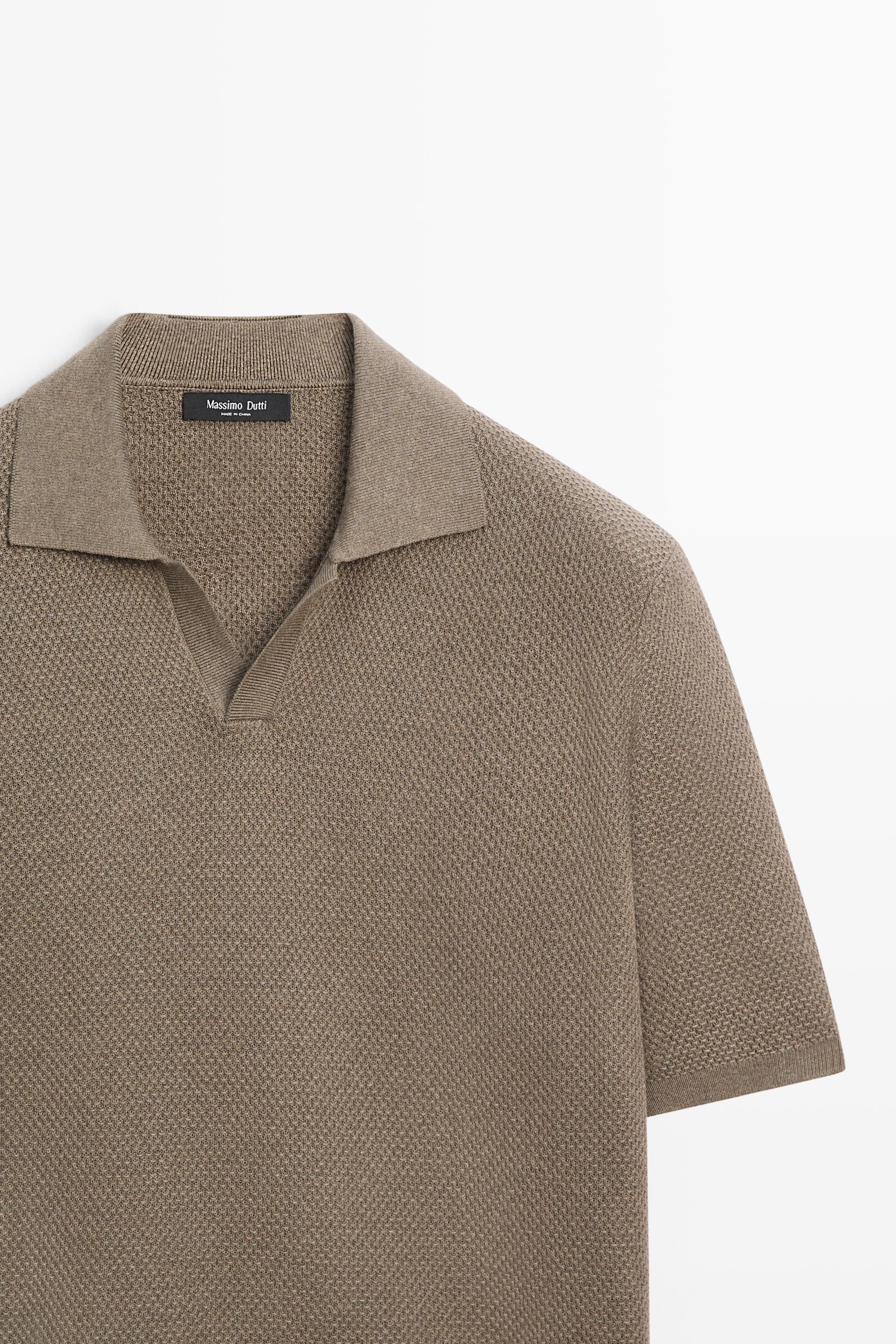 Cotton blend knit V-neck polo shirt — KHAKI