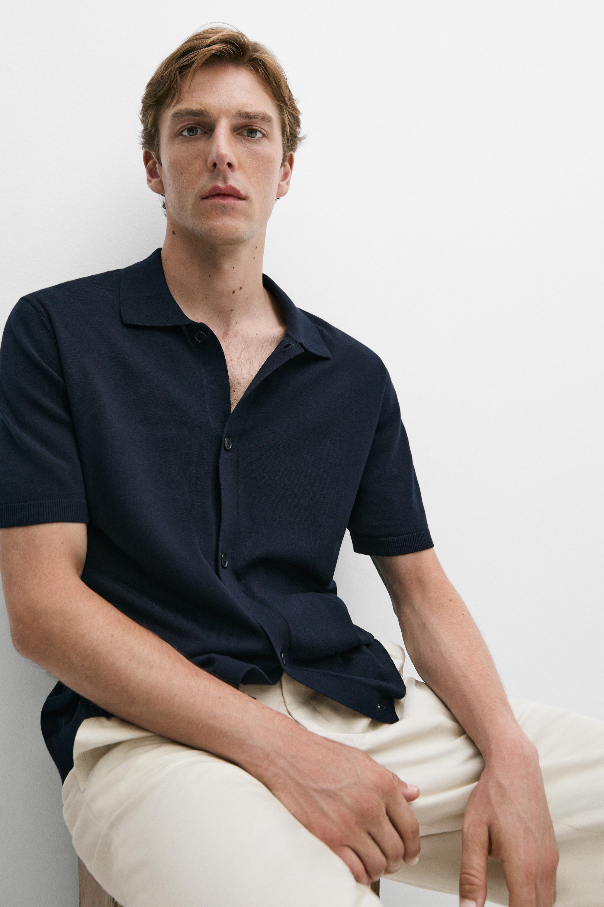Short sleeve button-up knit cardigan — NAVY BLUE