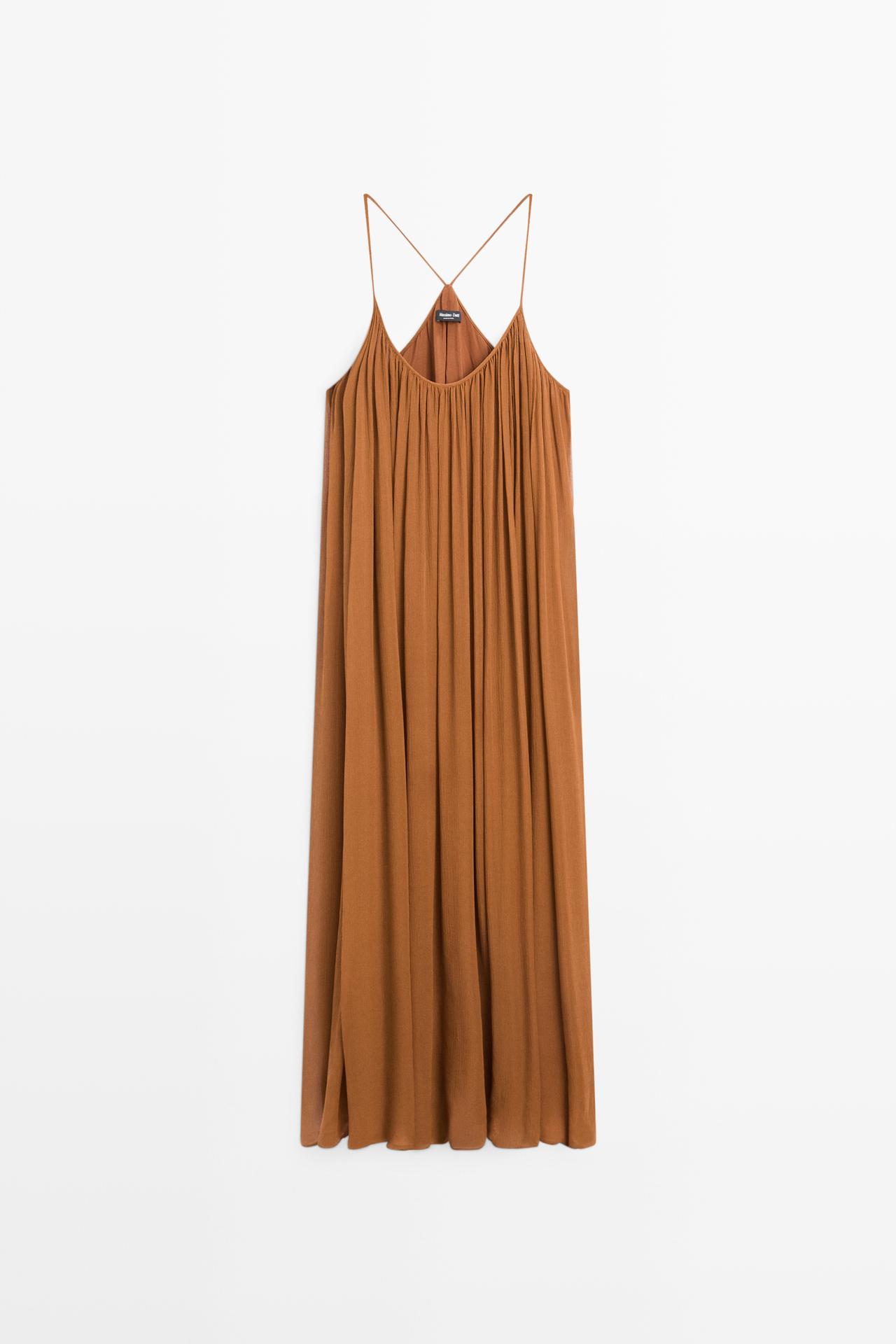 Massimo Dutti - Dame - Midikjole I 100 % Silke Med Rynker - Brun - M