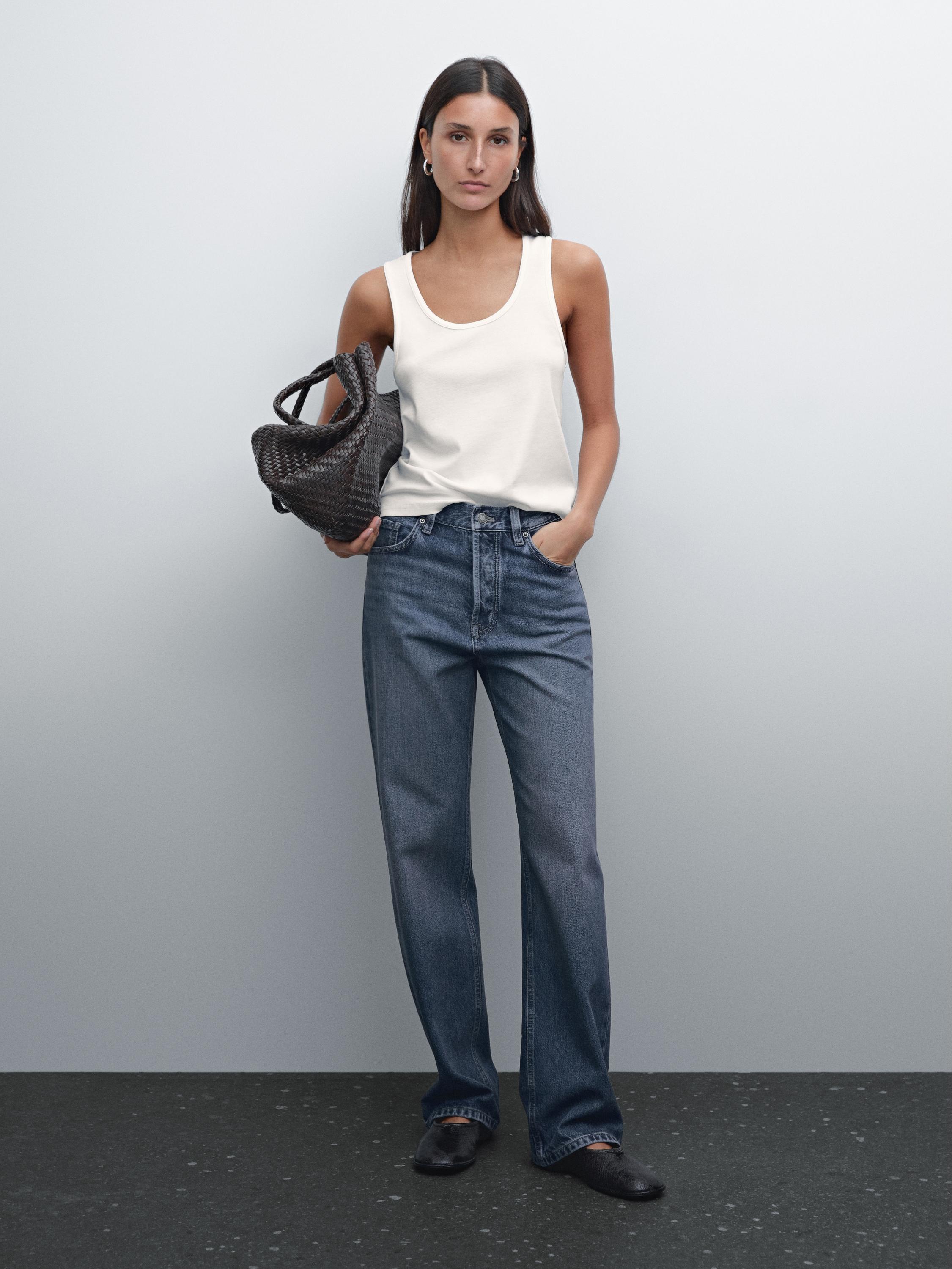 Cotton blend high-waist straight-leg jeans