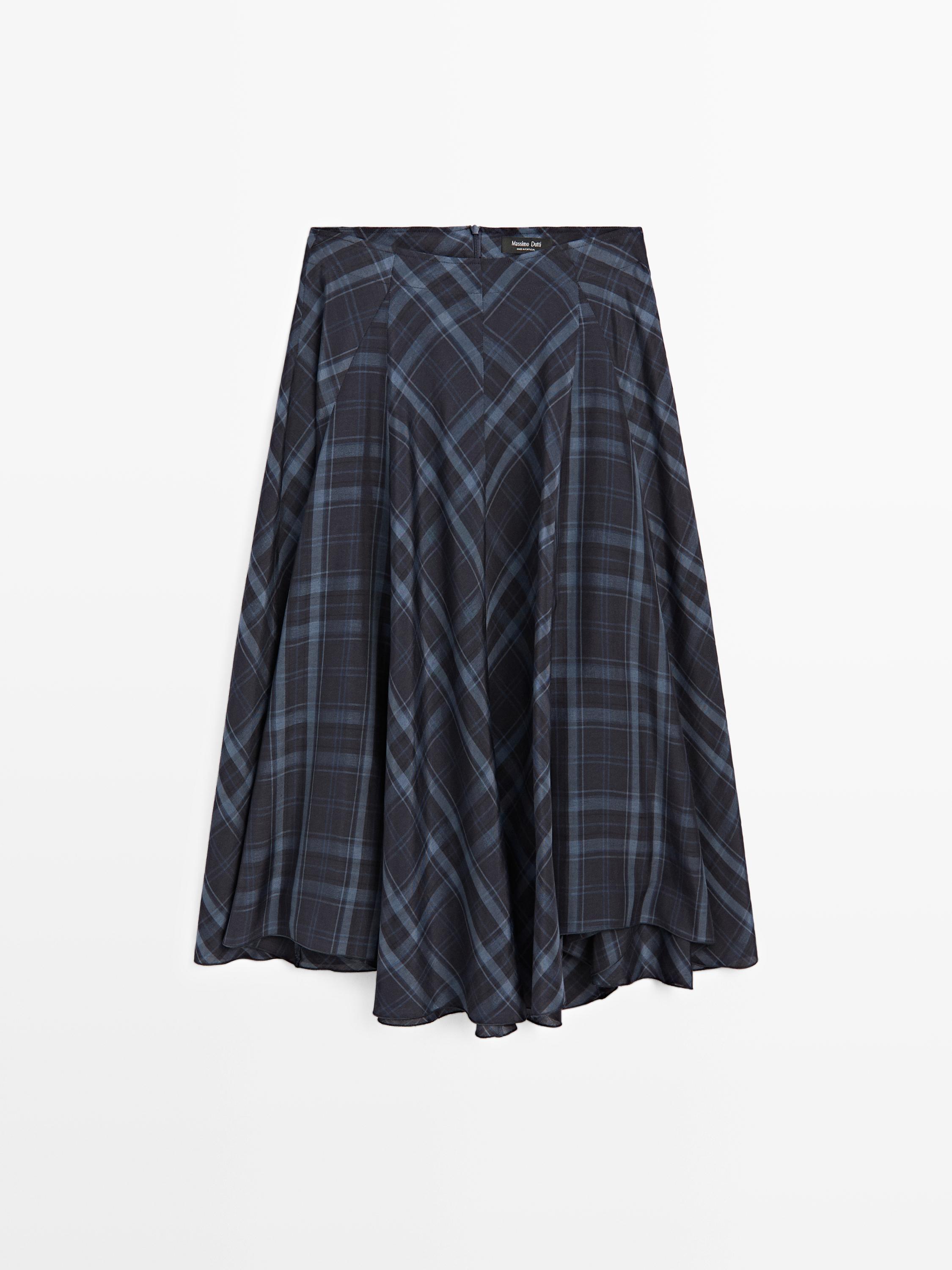 Check print flowing godet skirt