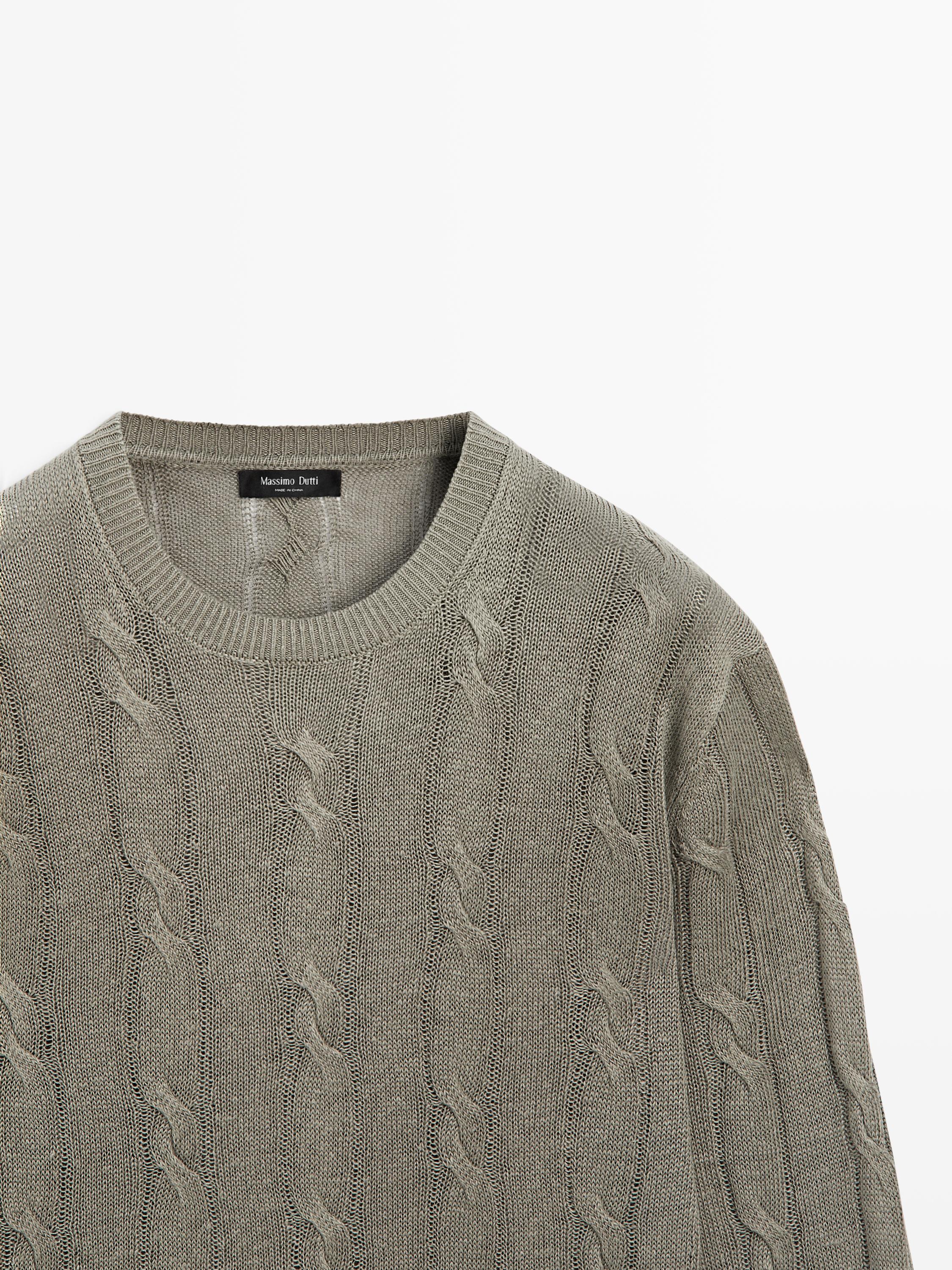 100% linen cable-knit sweater — PALE KHAKI
