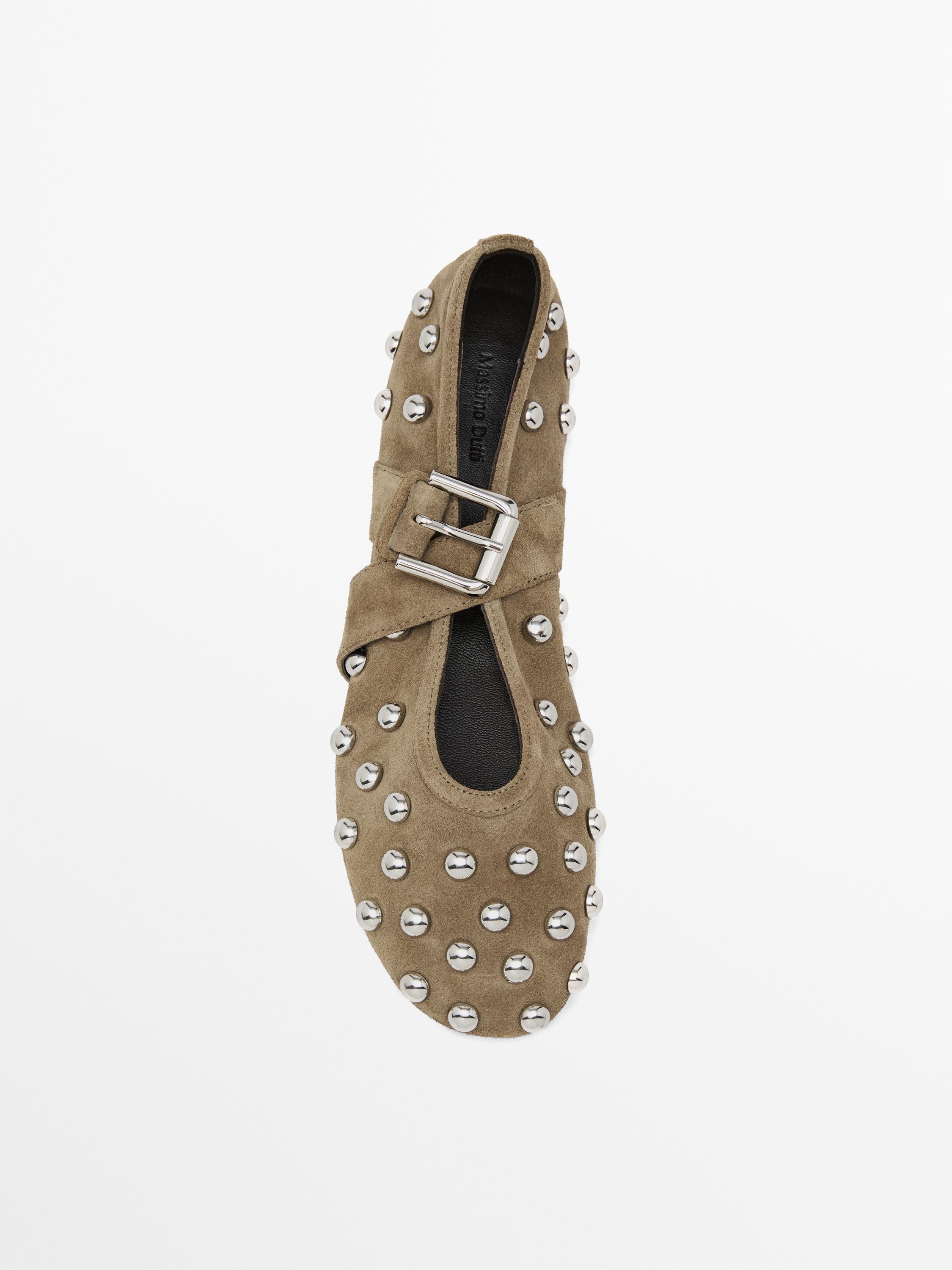 Studded split leather ballet flats