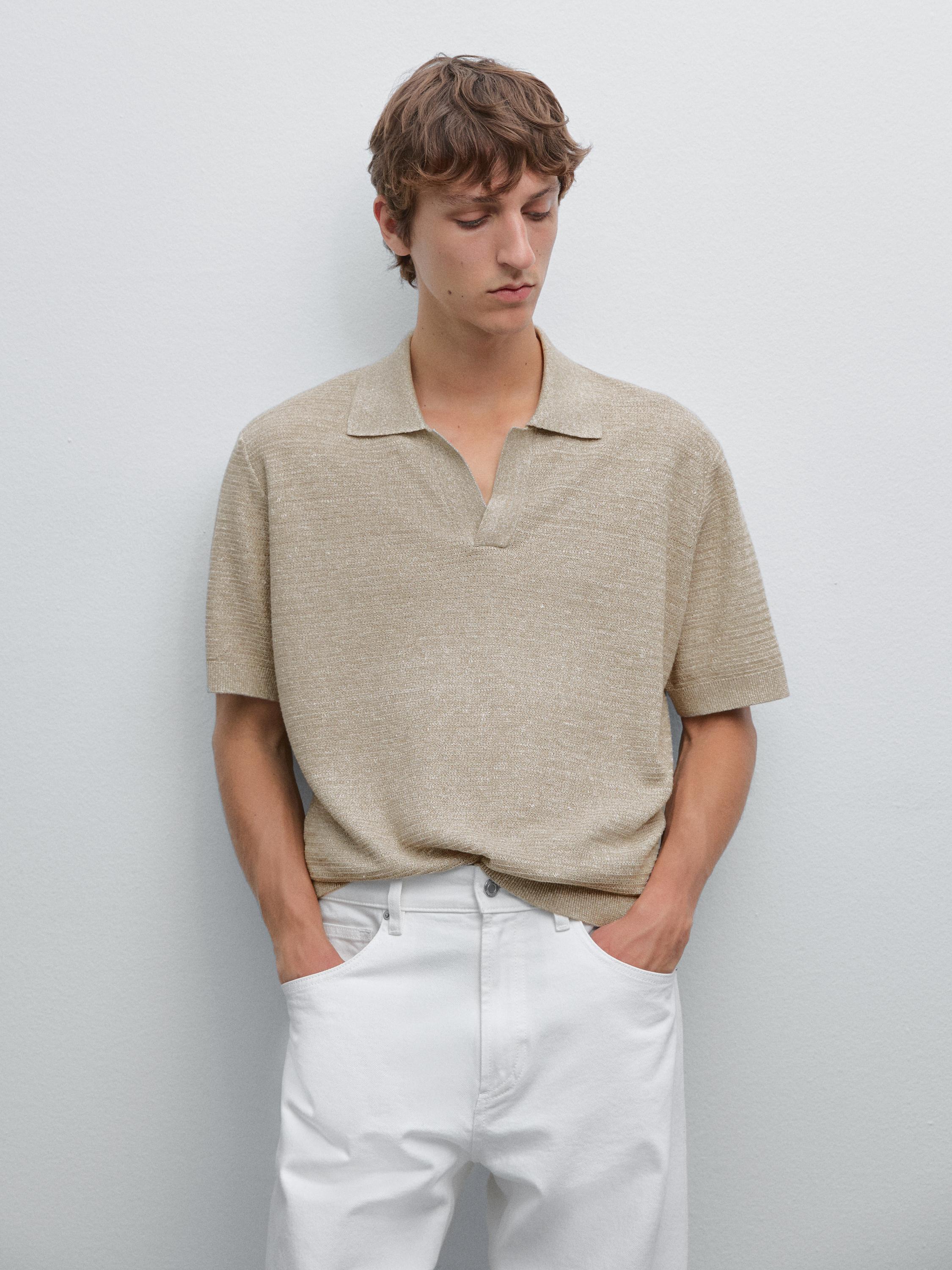 Linen and cotton knit polo shirt