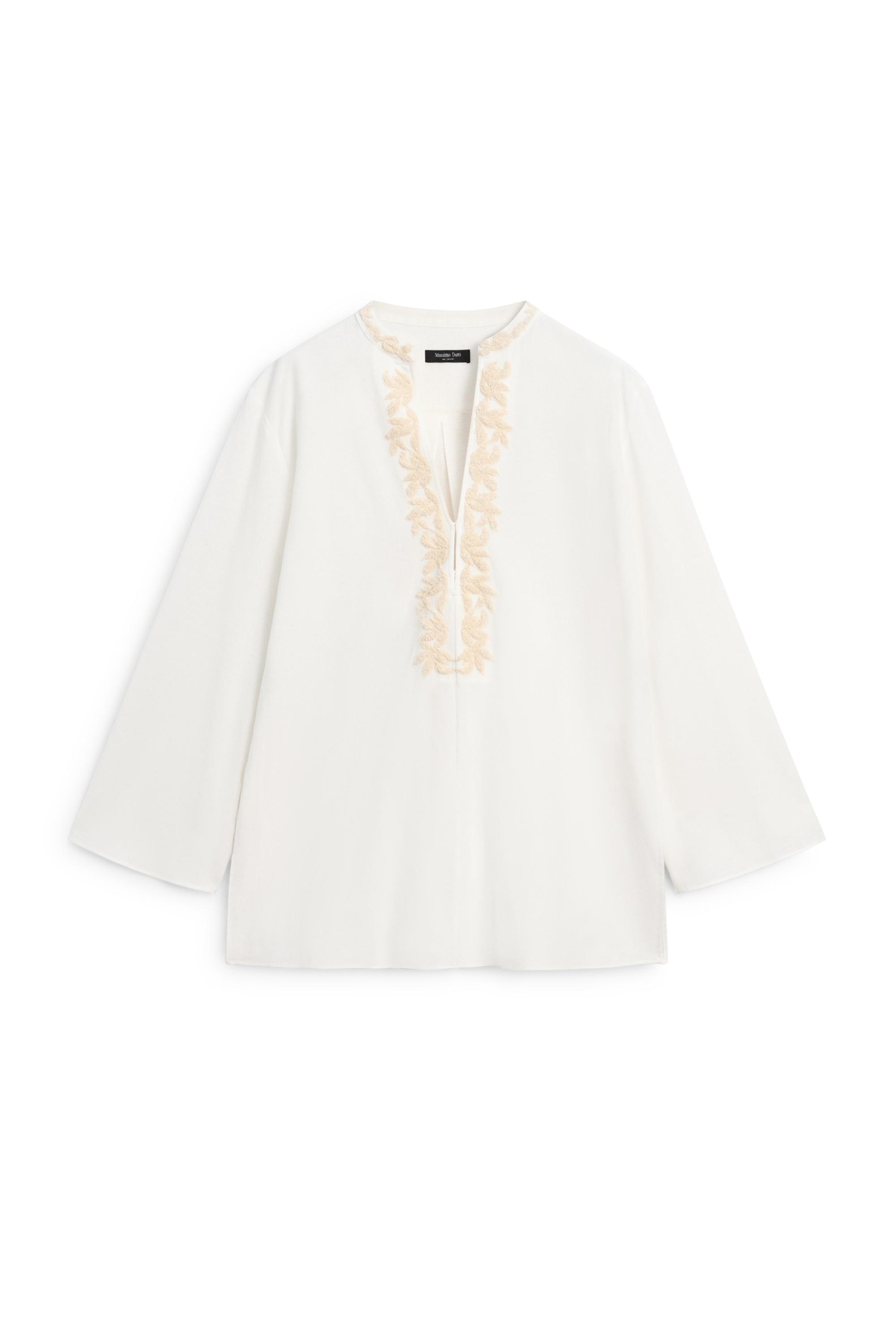 Flowing oversize blouse with stand collar and embroidery — CREAM