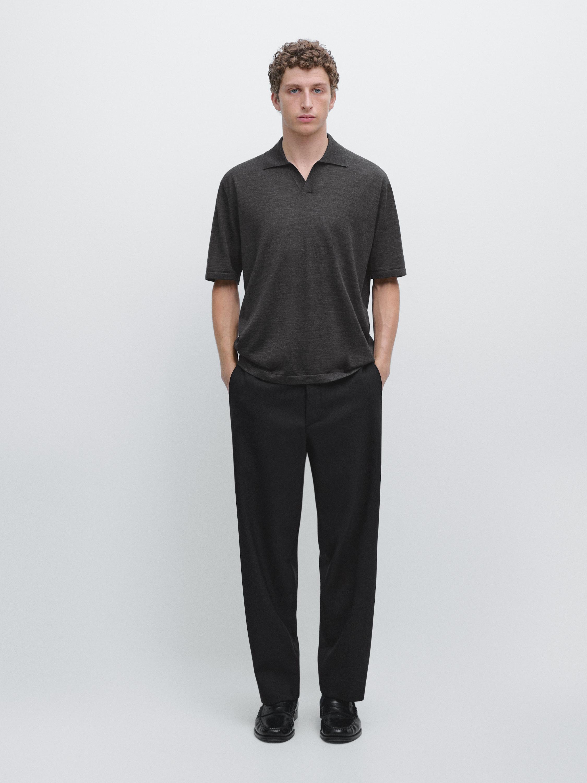 Knit V-neck polo shirt — KHAKI GREEN