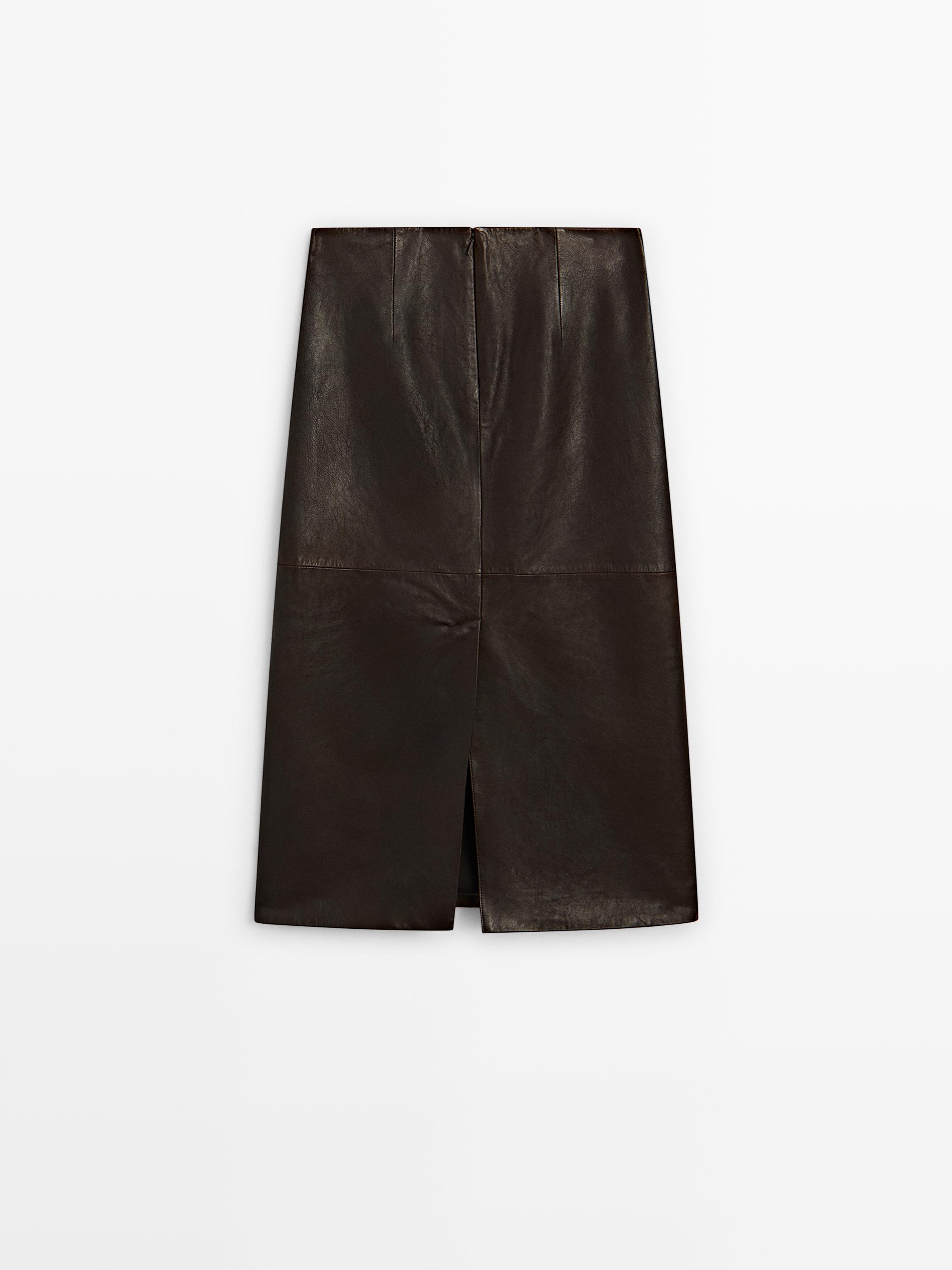Straight nappa leather midi skirt with slit